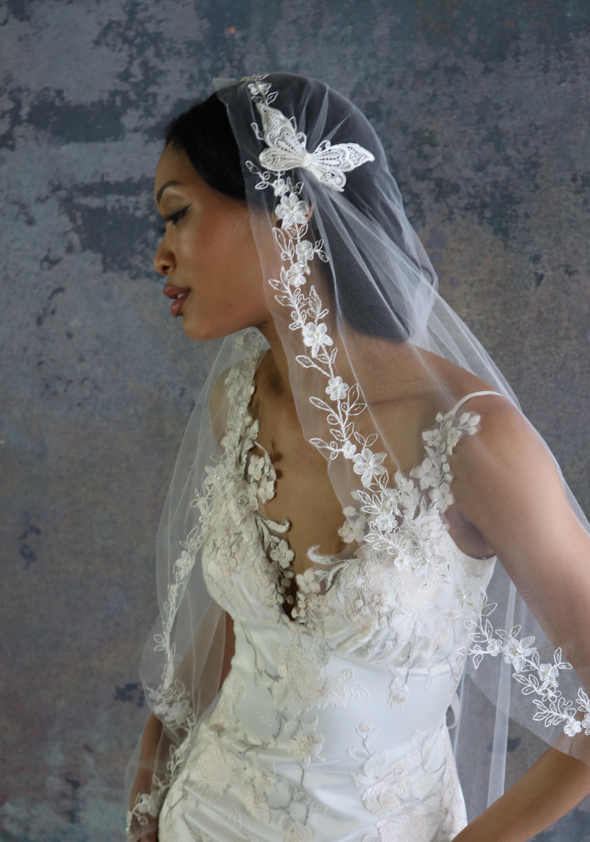 Cathedral Veil with Floral French Lace Trim, White/ Ivory