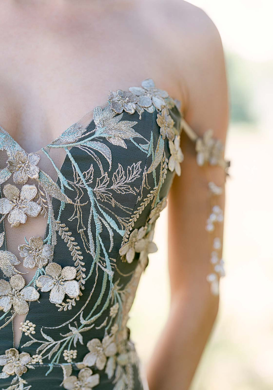 Embroidery detail of Lunaria black wedding dress