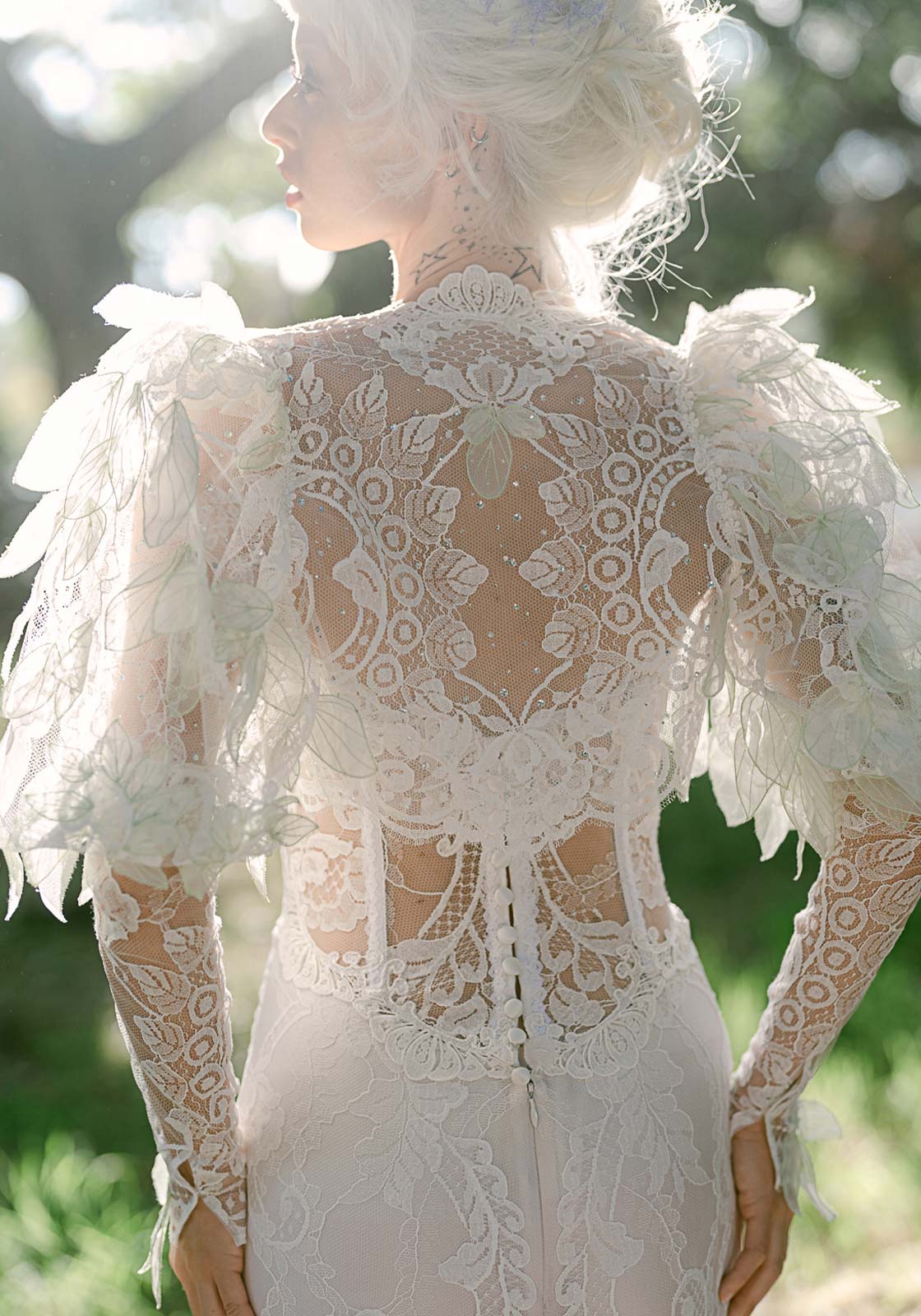 Back detail of lace from the Everglade Wedding Jacket