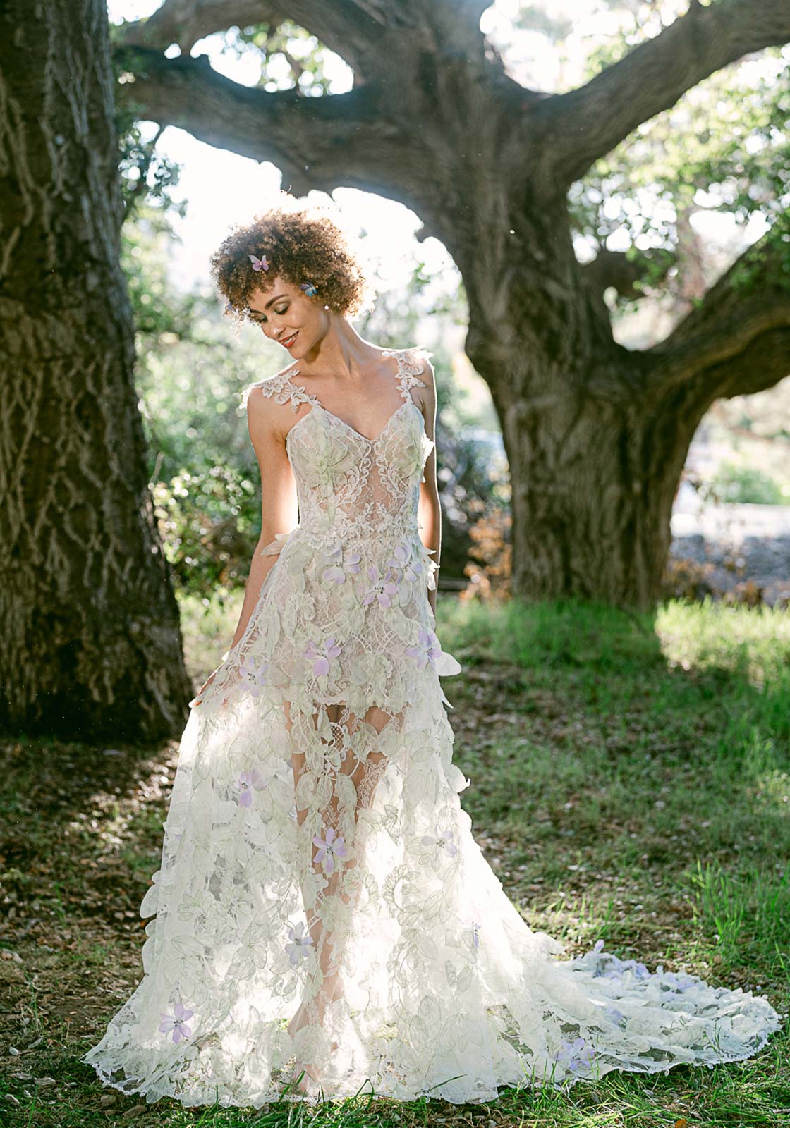 Everglade floral wedding dress overskirt paired with the Everglade lace mini dress