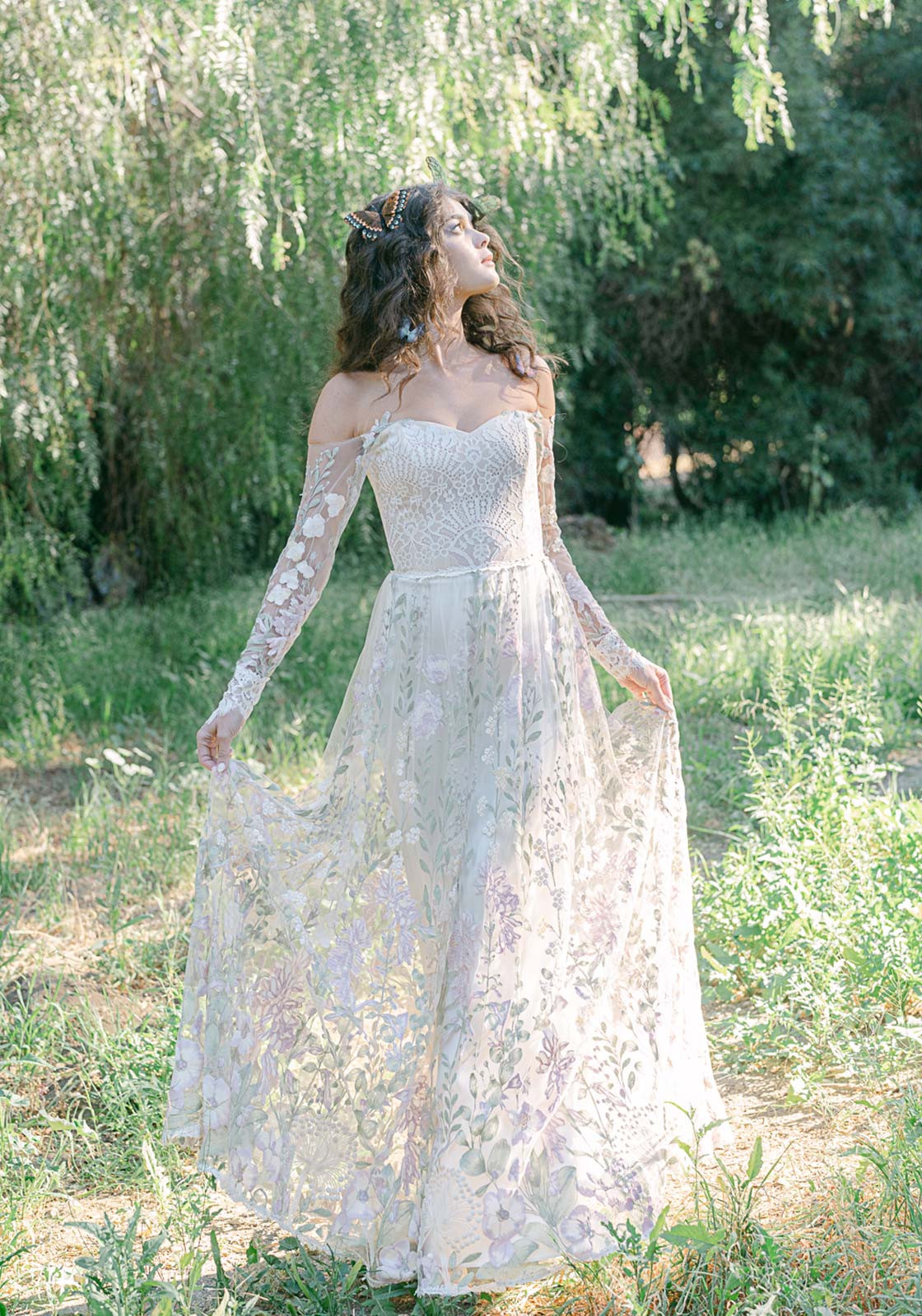 Long sleeve Lace Wedding Dress and Floral Corset top Claire Pettibone