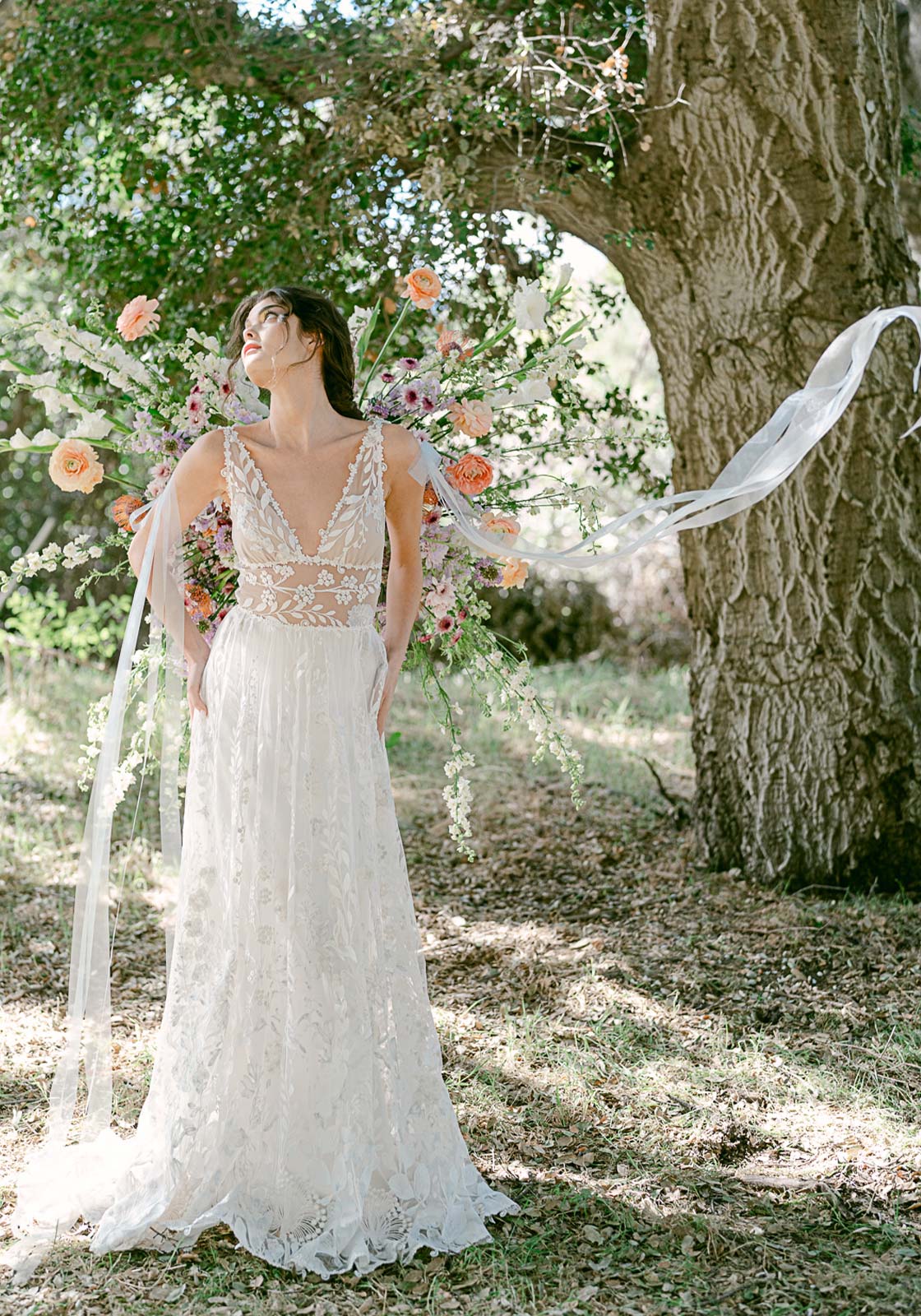 Thistledown Wedding Dress with detachable ribbon streamers