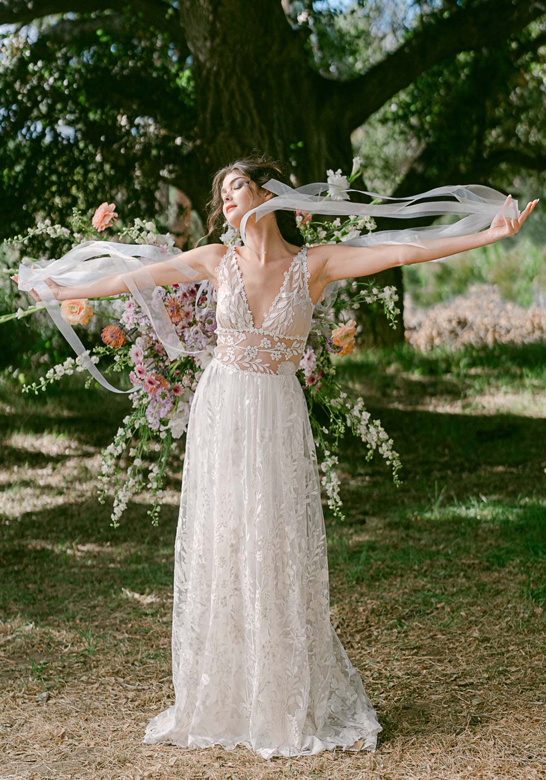 Thistledown Wedding Dress with detachable ribbon streamers
