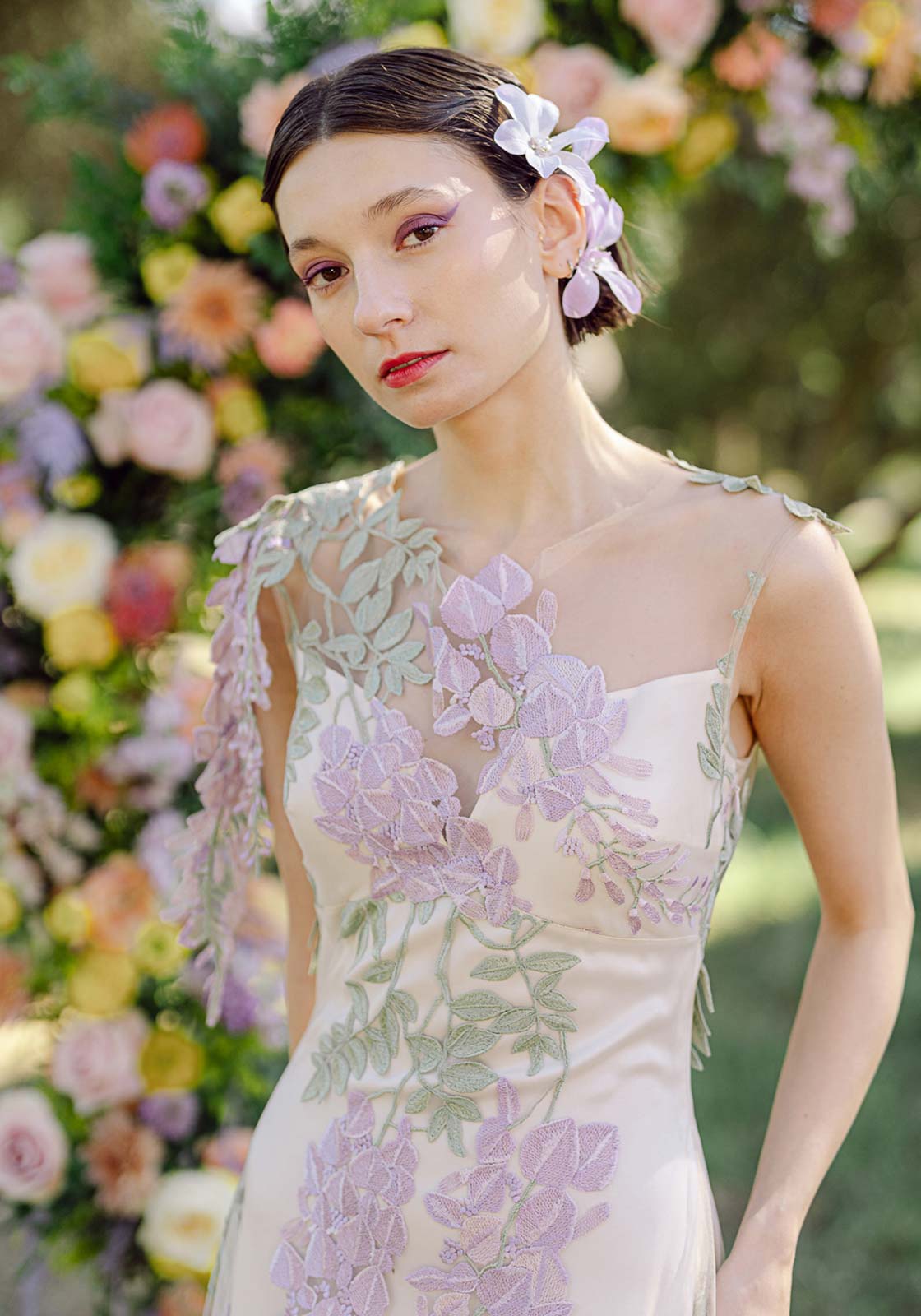 Embroidery detail on Bateau neckline of Wisteria by Claire Pettibone