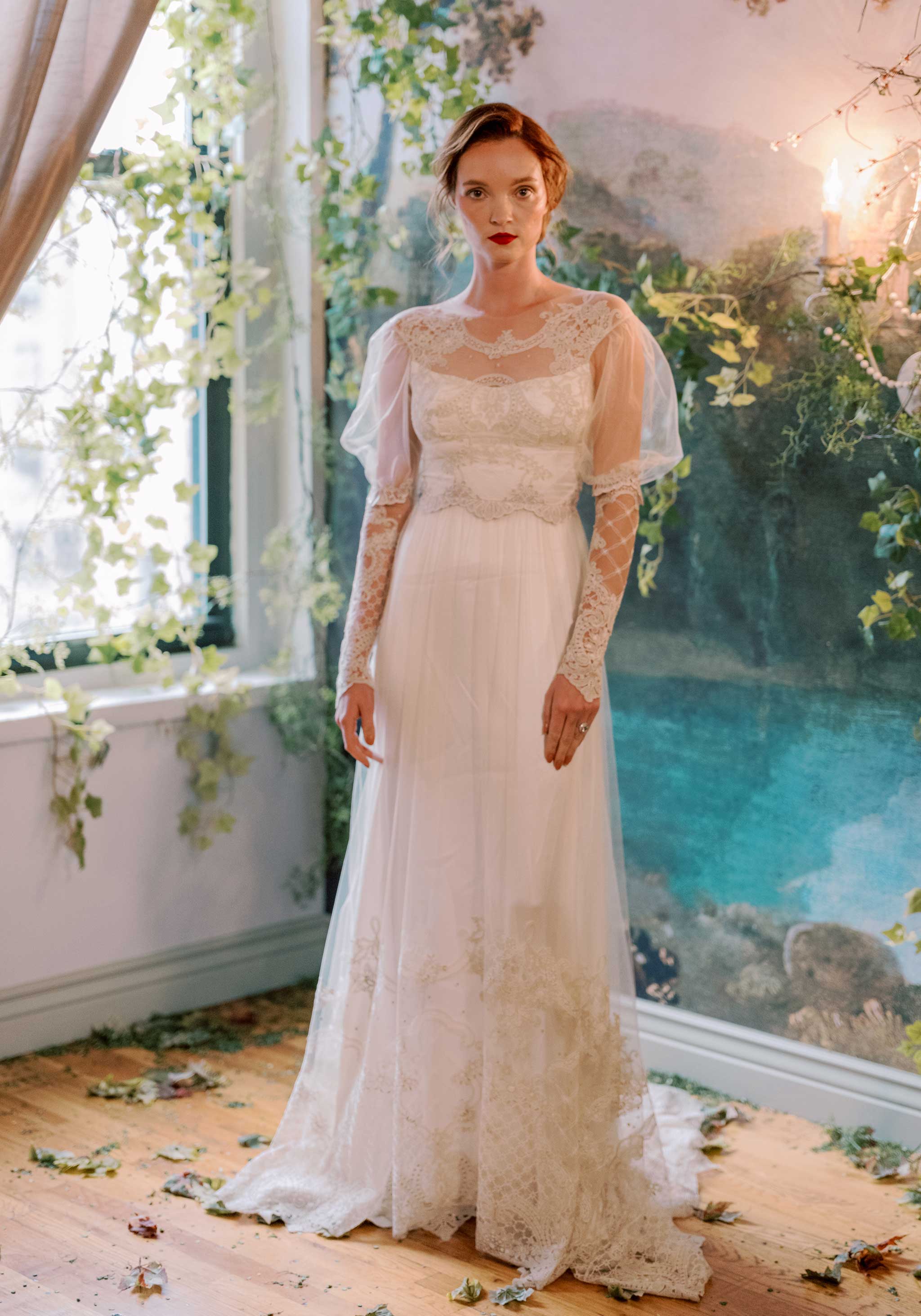 Trellis A-line wedding dress with sheer long sleeves