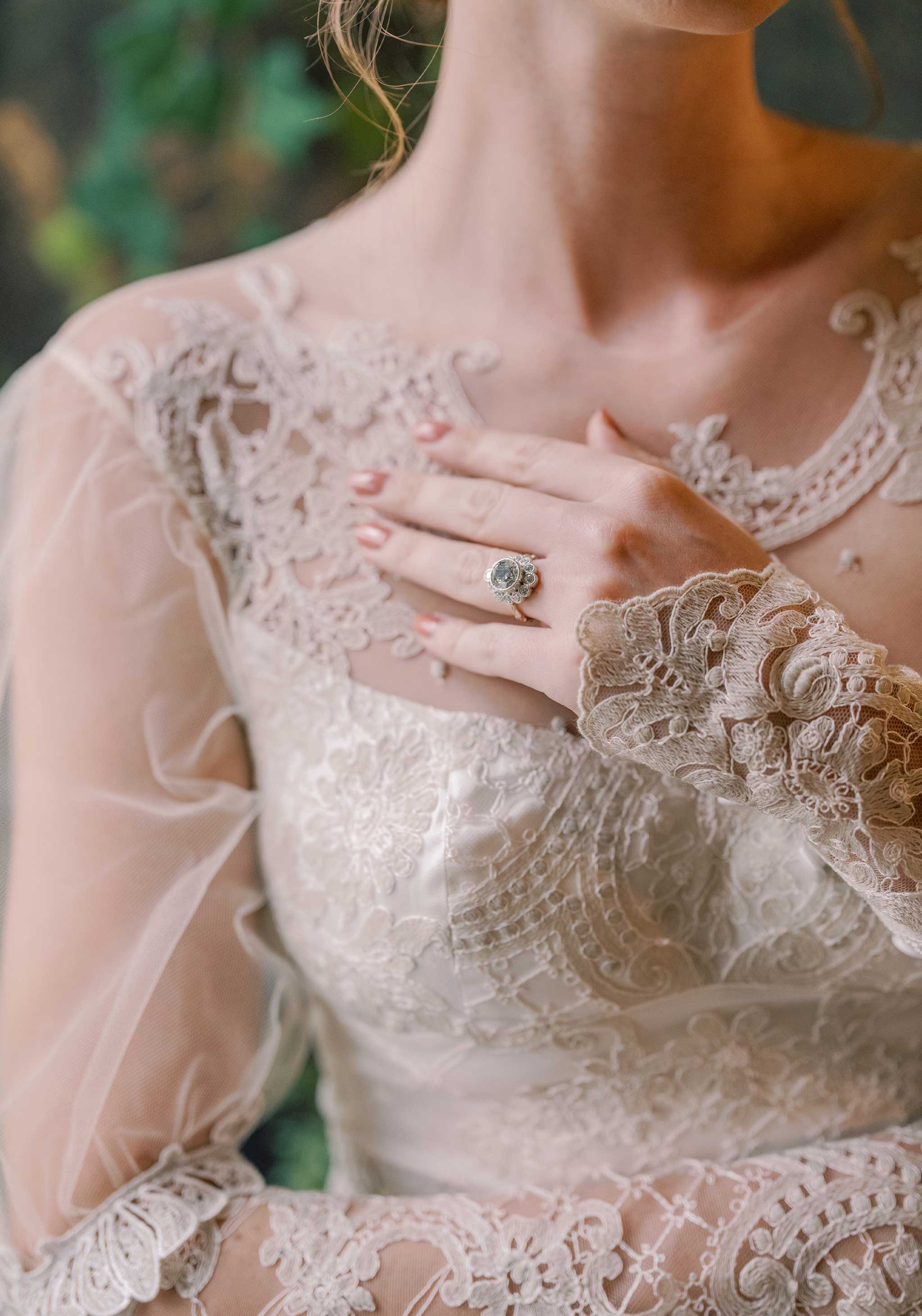Long sleeves detail on Trellis wedding dress by Claire Pettibone