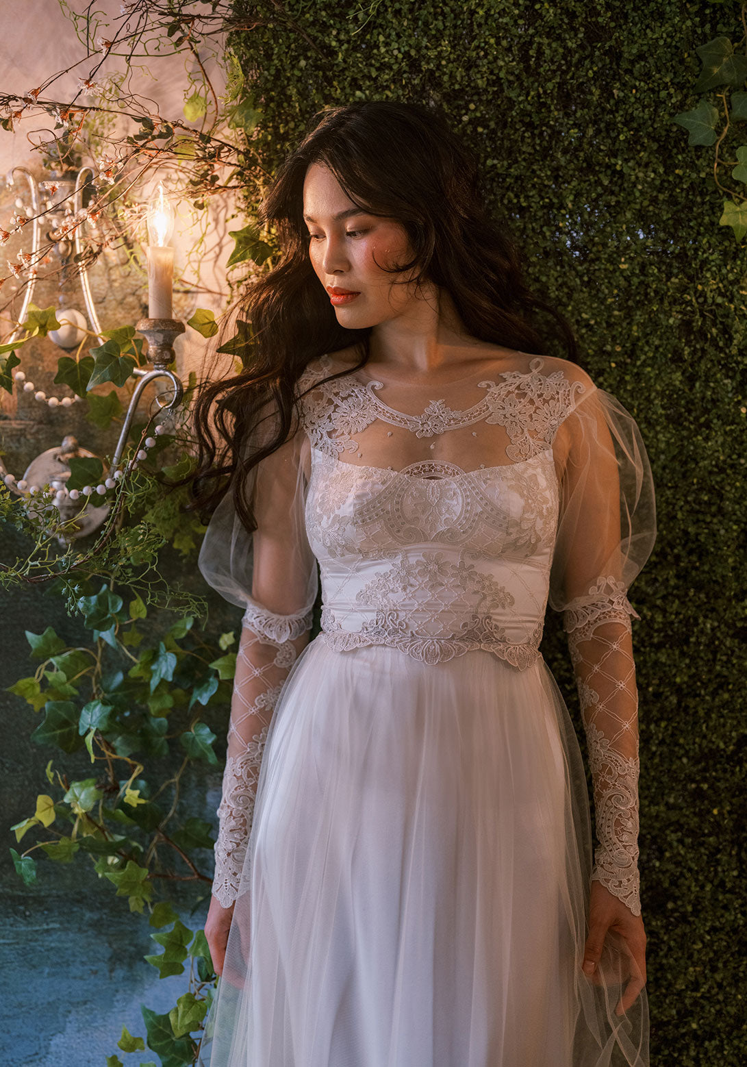 Close-up Trellis lace A-line wedding dress with detailed sleeves and embroidered bodice.