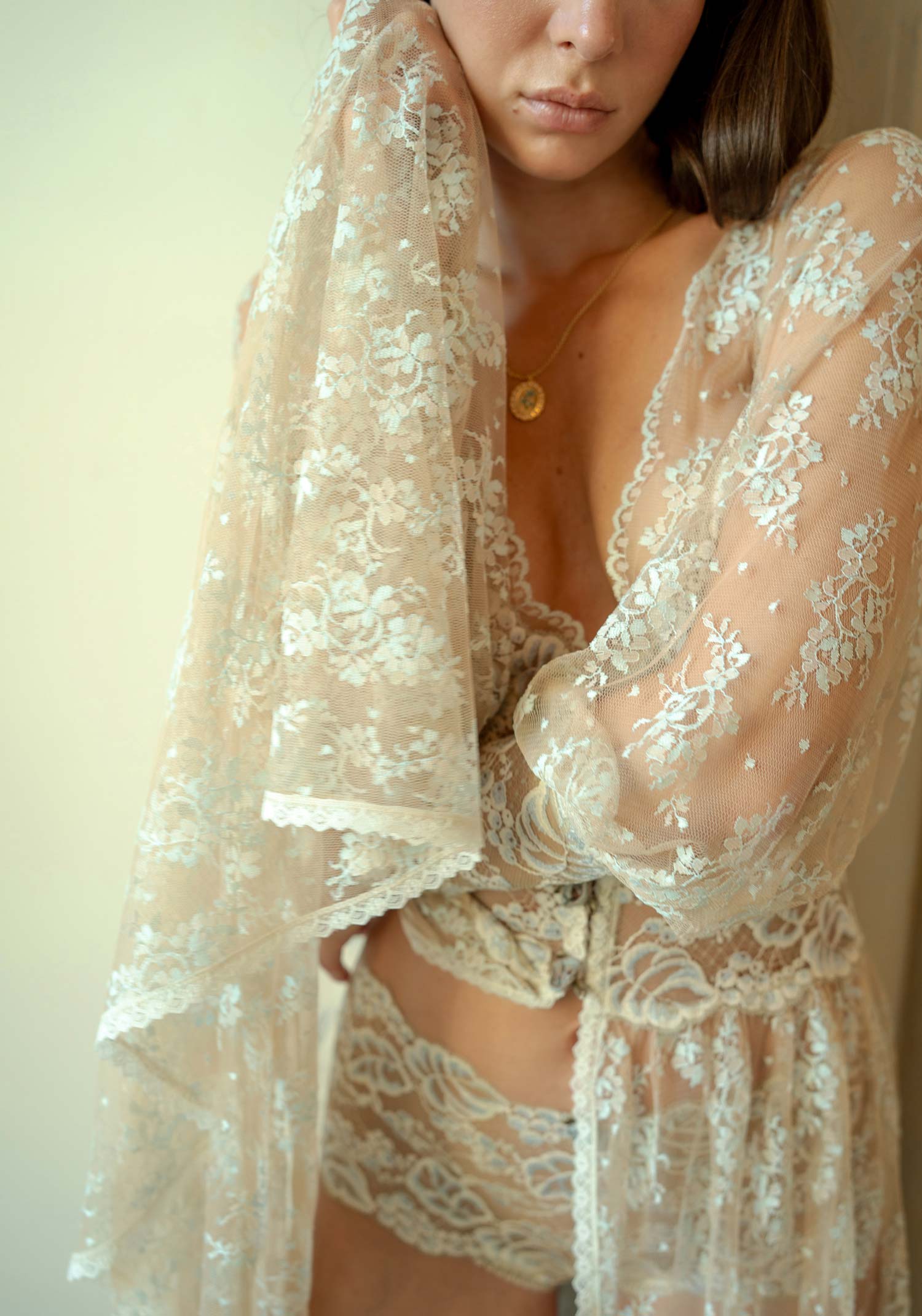 Fine Chantilly lace boudoir robe with pale blue floral accents and French ivory stretch lace details.