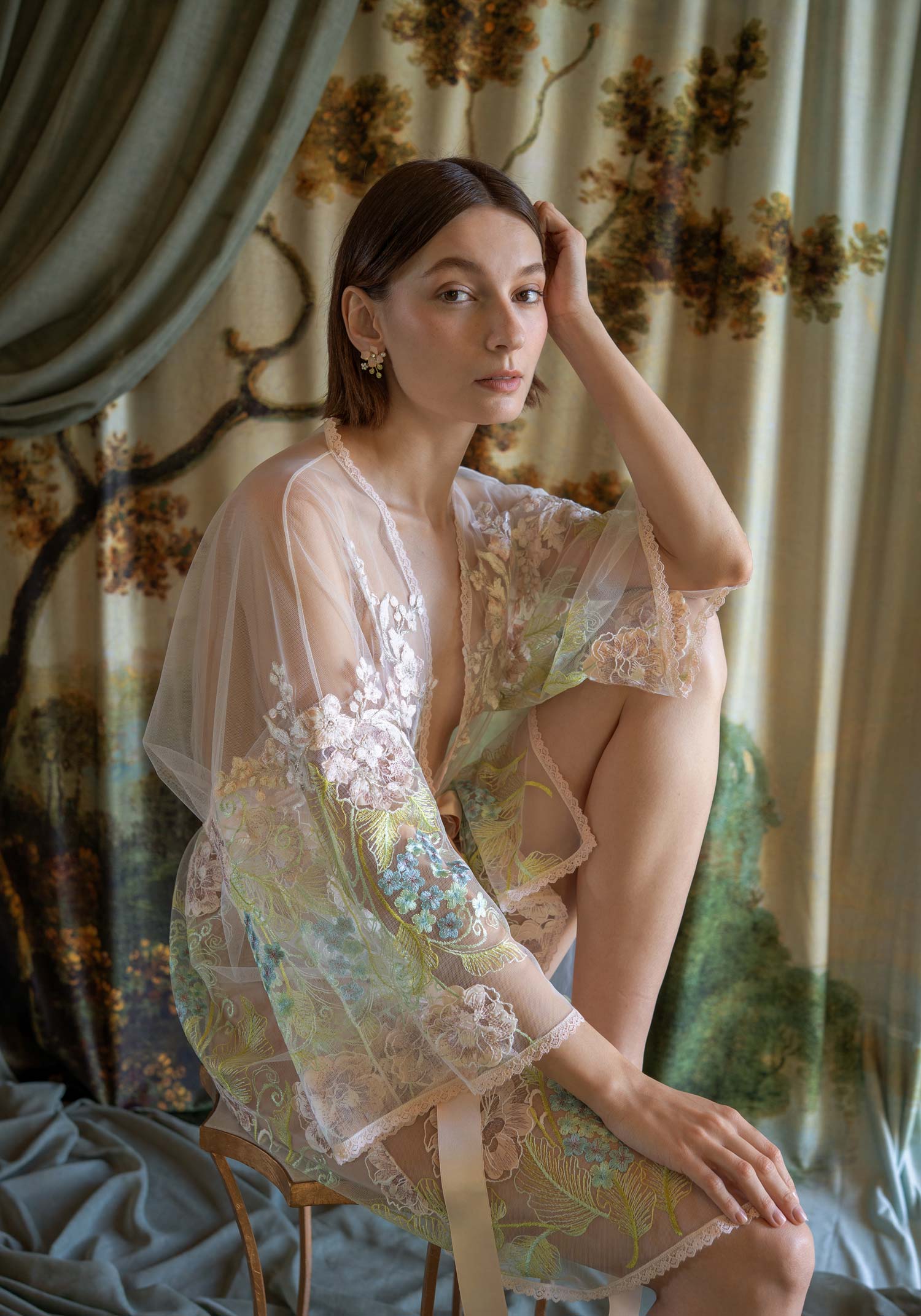 Sheer kimono robe with delicate spring floral embroidery and 3D blossom appliqués.