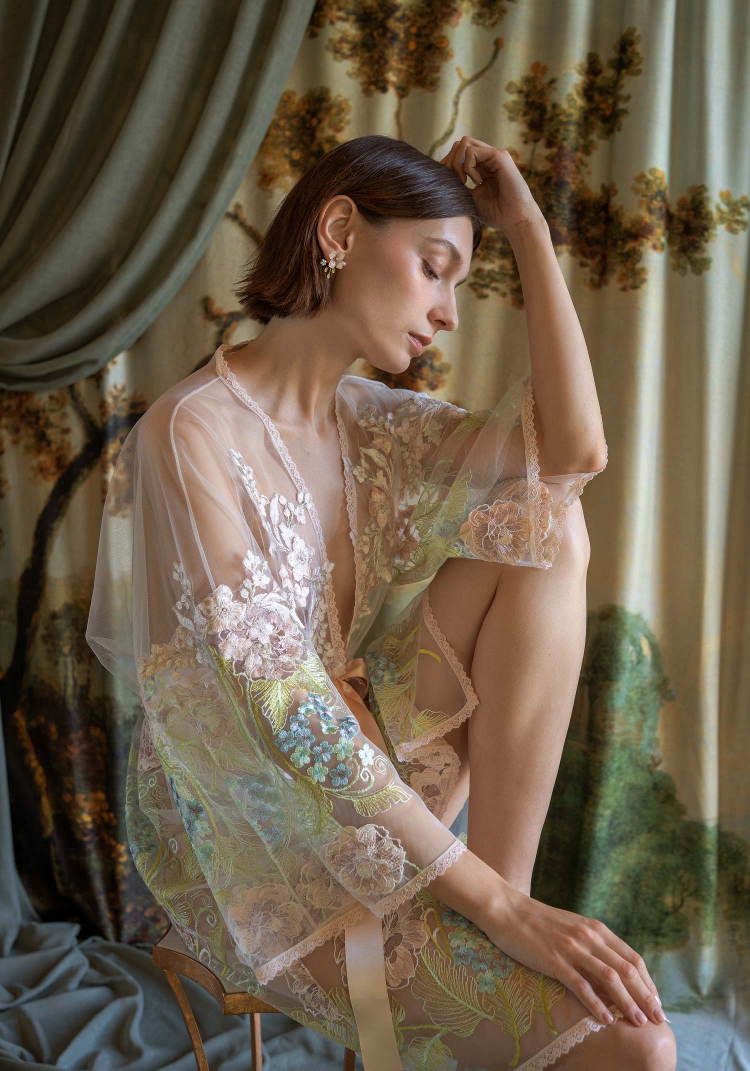 Sheer kimono robe with delicate spring floral embroidery and 3D blossom appliqués.