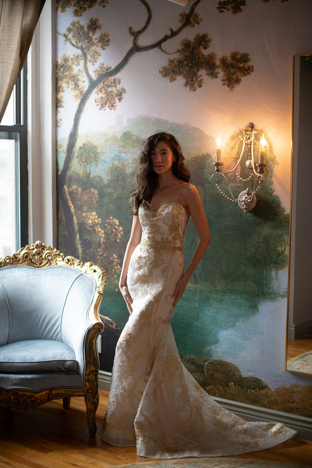 Model in Aurelie Fit and Flare Wedding Dress by Designer Claire Pettibone