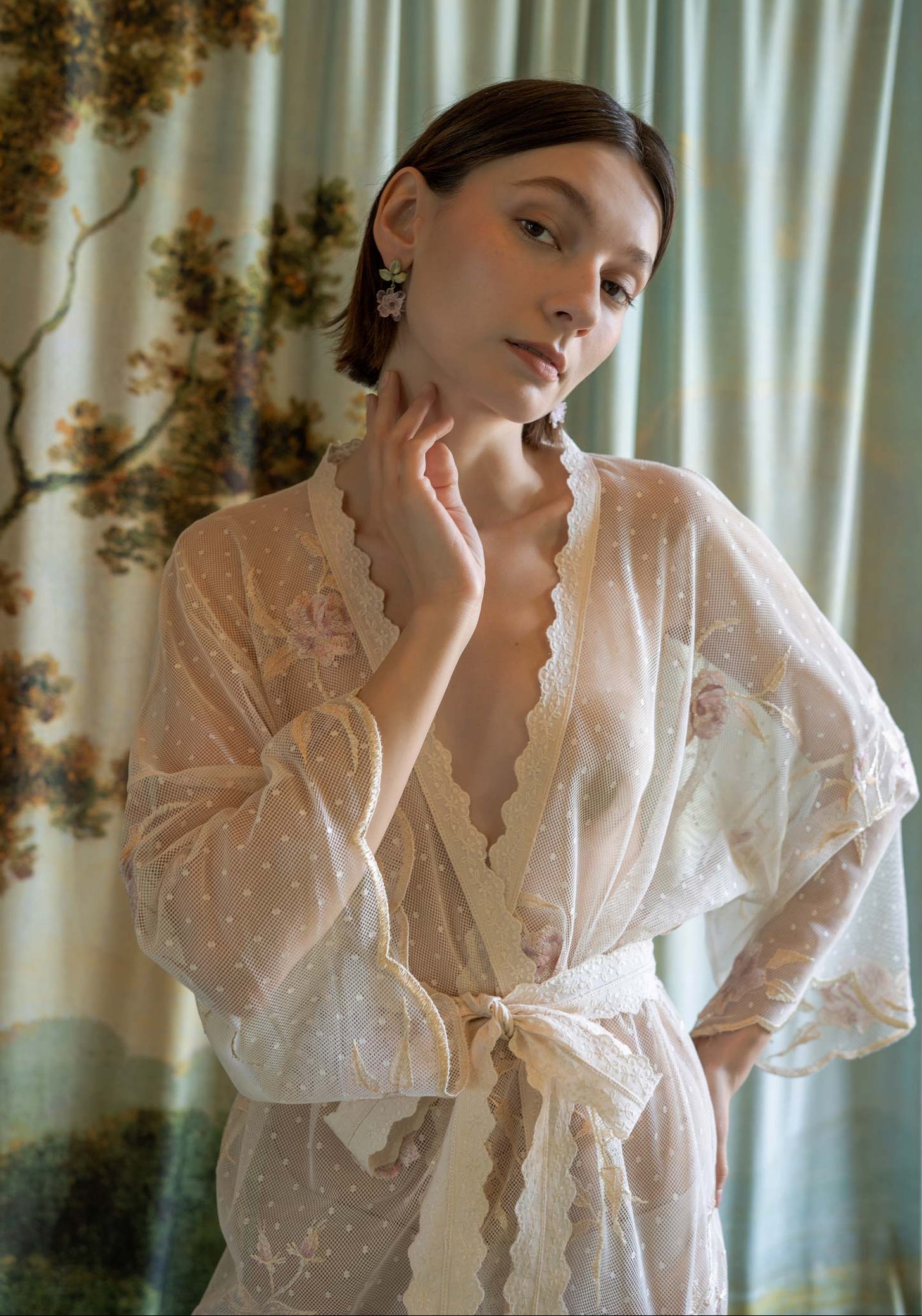 Ivory Swiss dotted tulle kimono robe with pink rose embroidery and delicate scalloped edges.