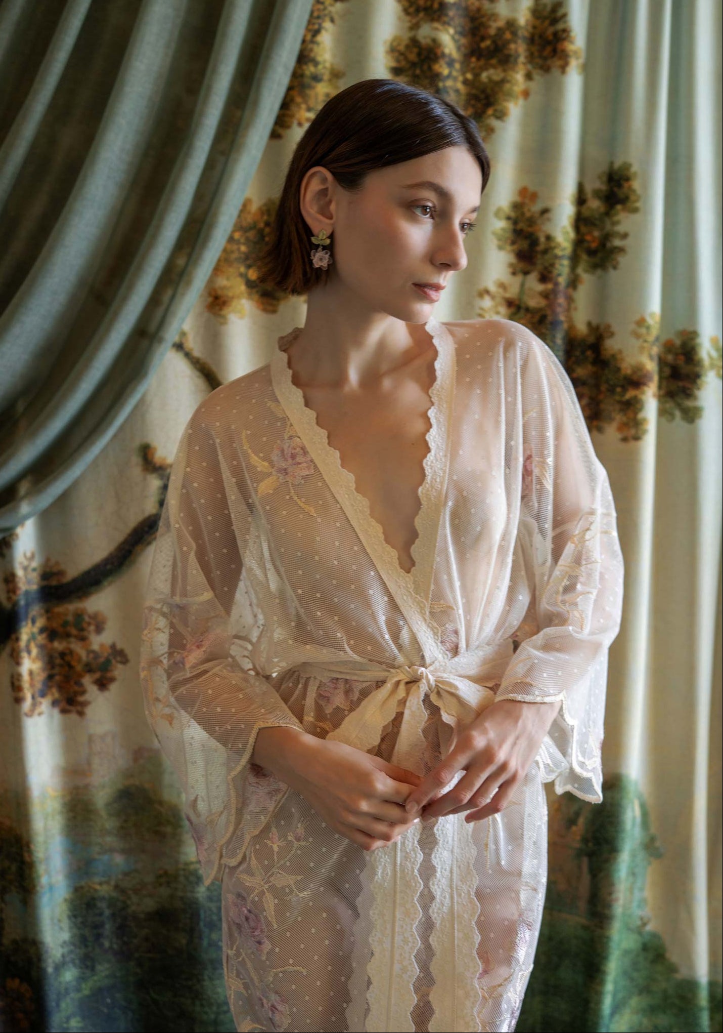 Ivory Swiss dotted tulle kimono robe with pink rose embroidery and delicate scalloped edges.