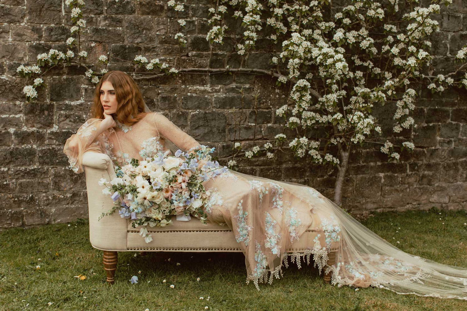 Venus colorful Wedding Dress by Claire Pettibone on model in Garden Wedding