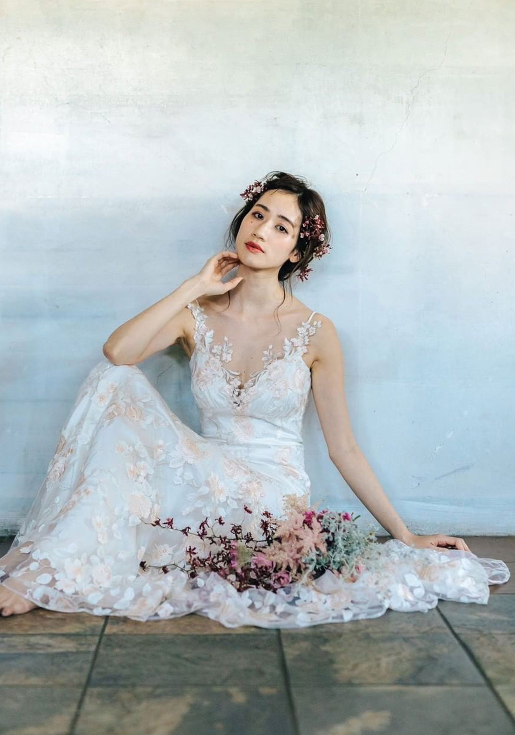 April floral embroidered wedding dress by Claire Pettibone