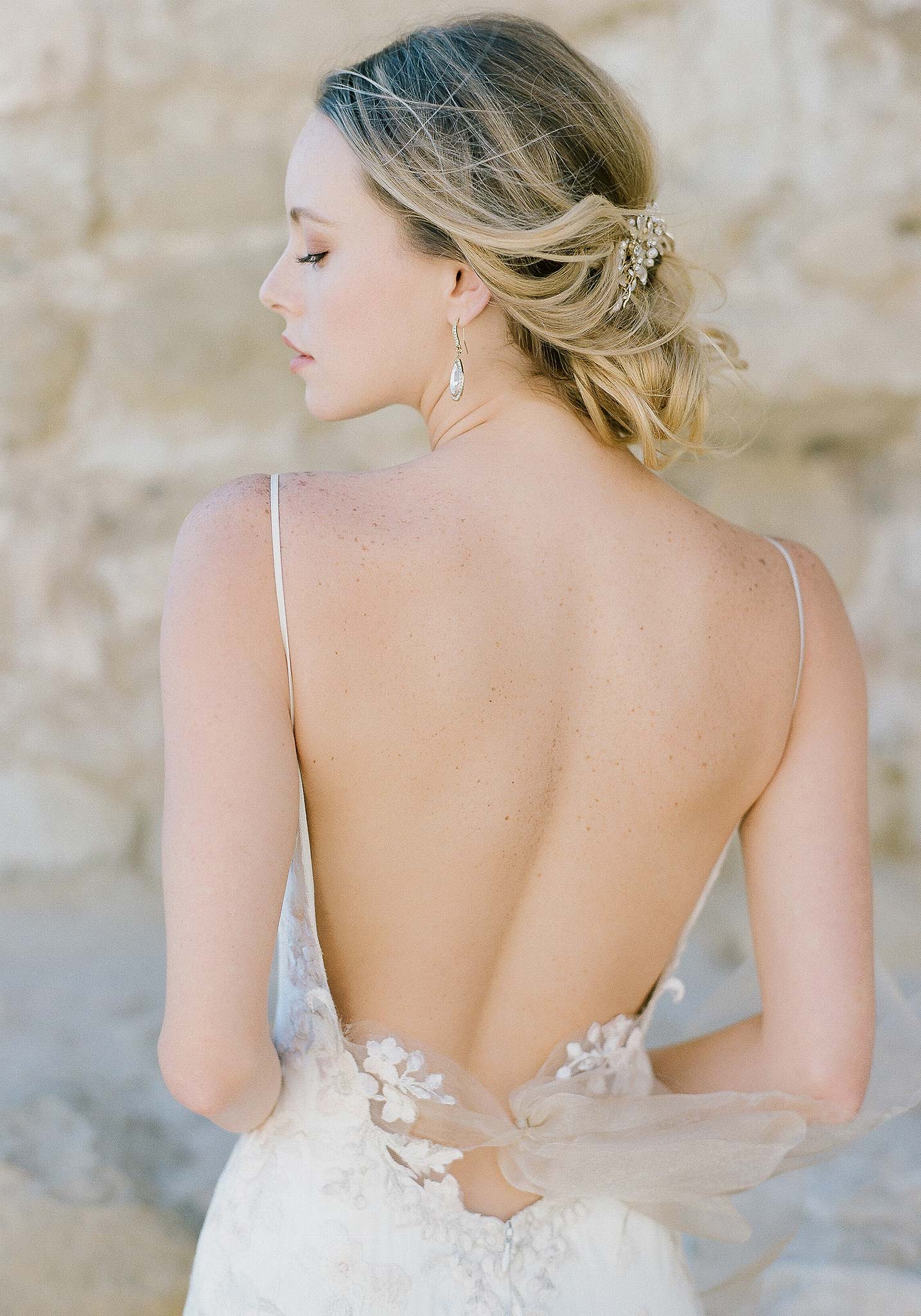 Low Back mermaid style embroidered wedding dress by Claire Pettibone