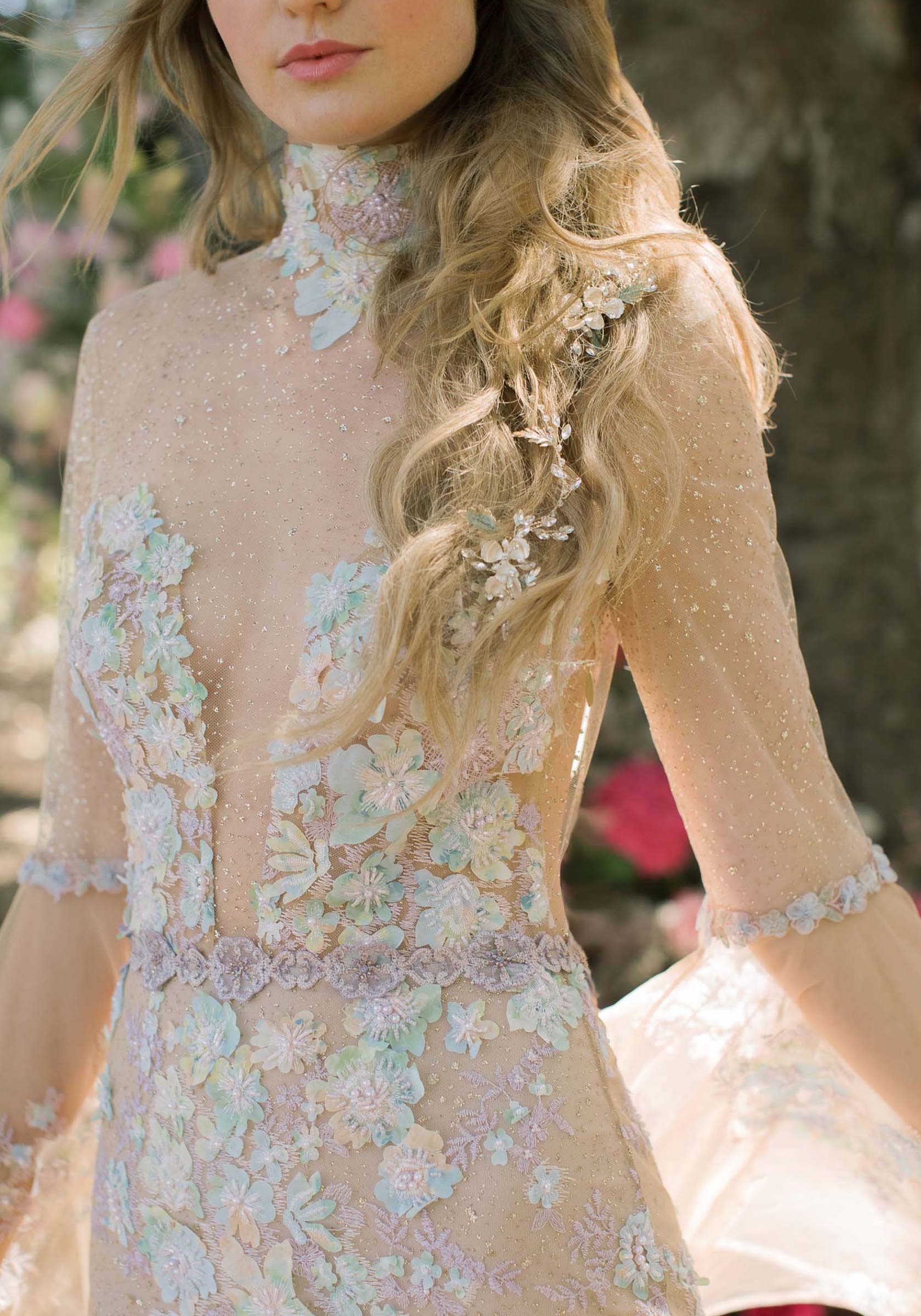 Colorful Floral Embroidered Wedding dress by designer Claire Pettibone