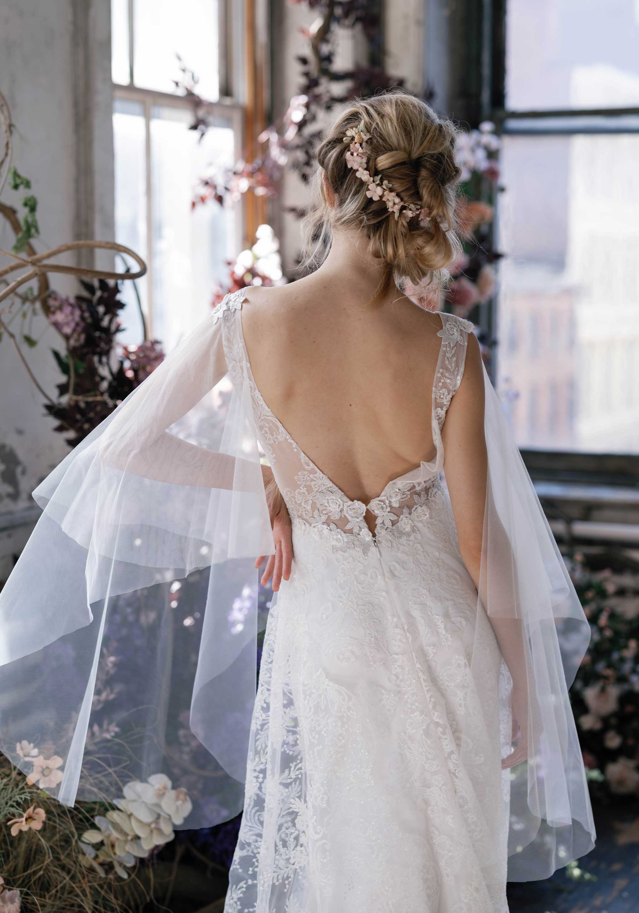Plunging back design Crystal Embroidered Wedding Dress