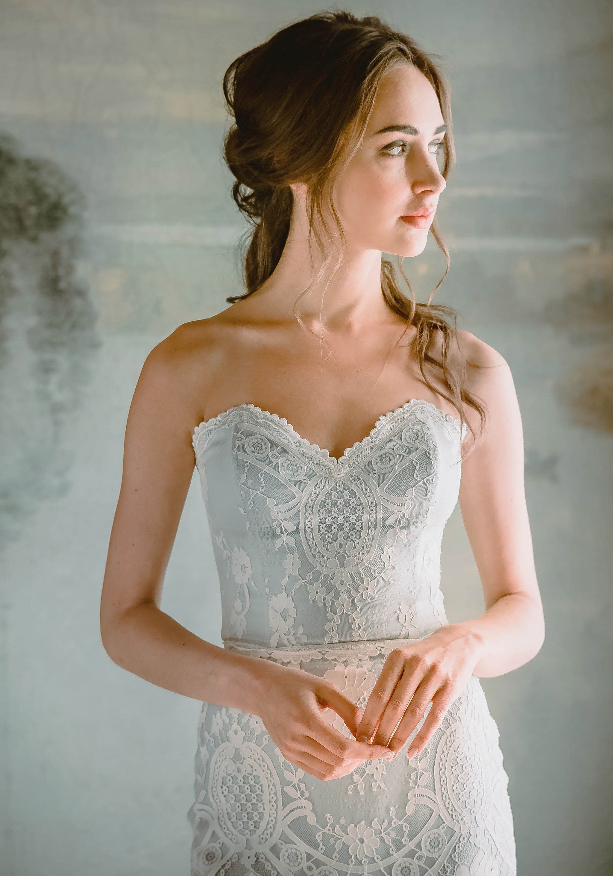 Eloise Lace Wedding Dress with Blue Silk Designer Claire Pettibone