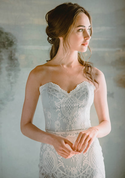 Eloise Lace Wedding Dress with Blue Silk Designer Claire Pettibone