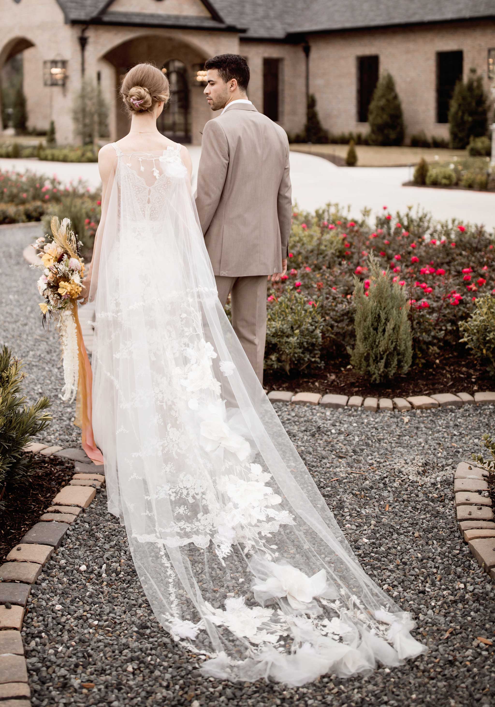 Bride Walking in Moonlight Rose Bridal Cape
