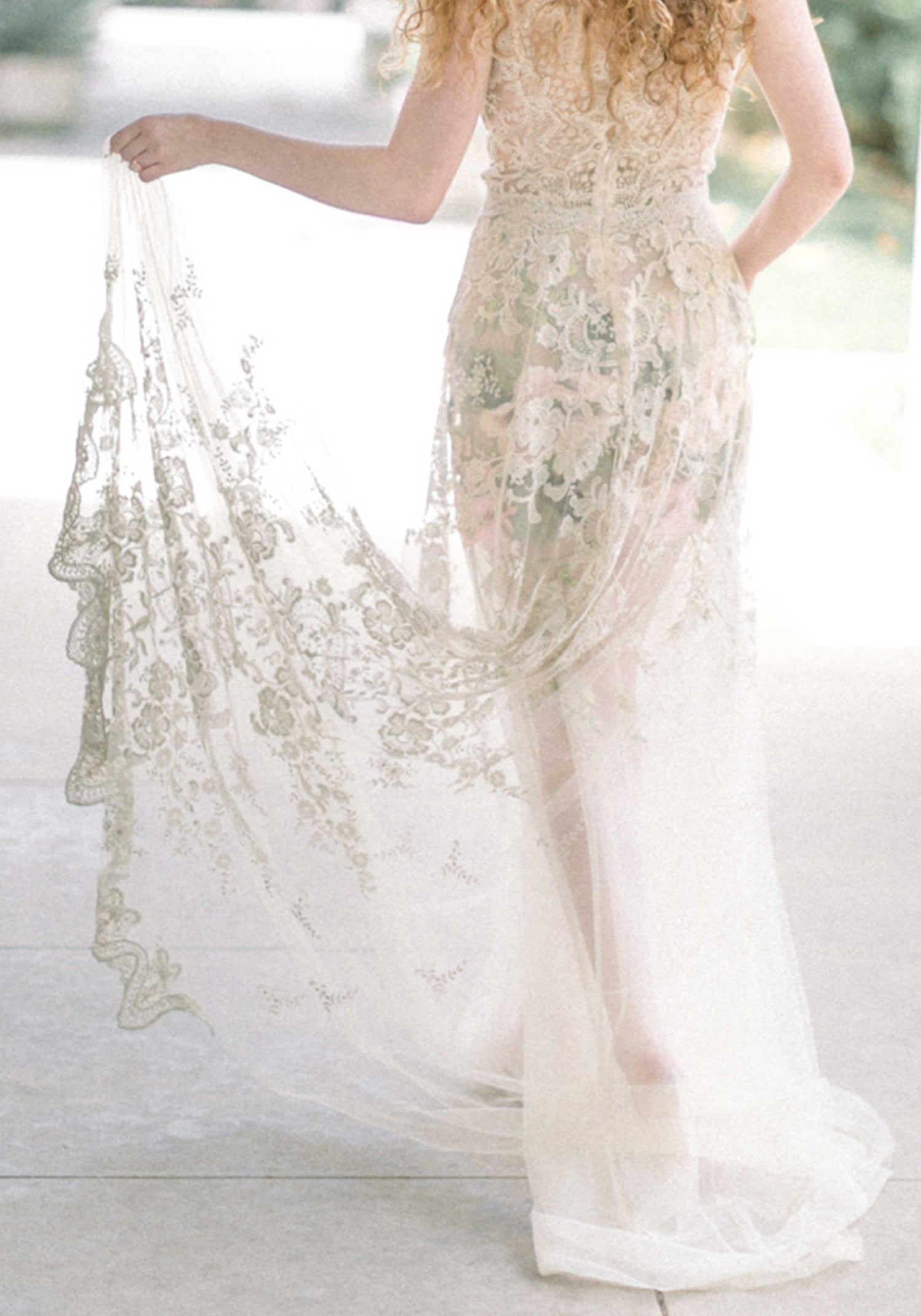 Lace Train of the desert rose wedding dress by Claire Pettibone