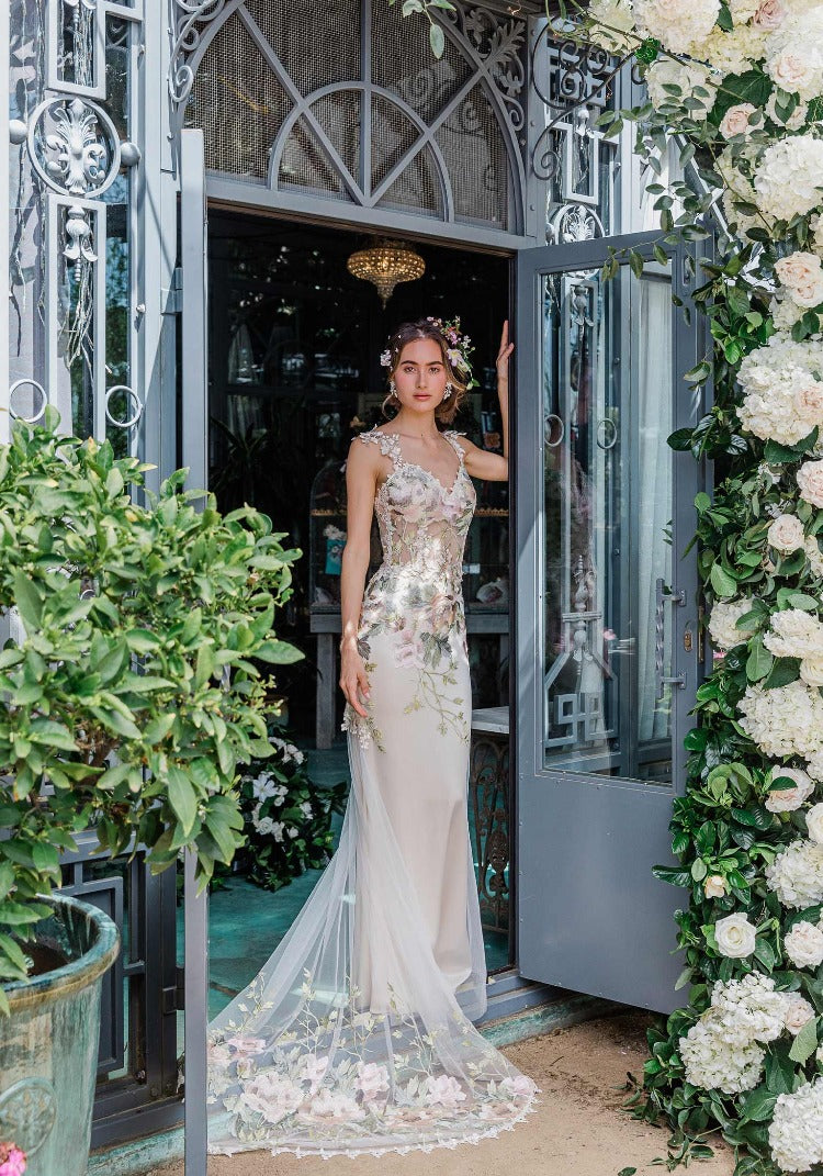 Full floral embroidery on Peony Wedding Dress by Claire Pettibone