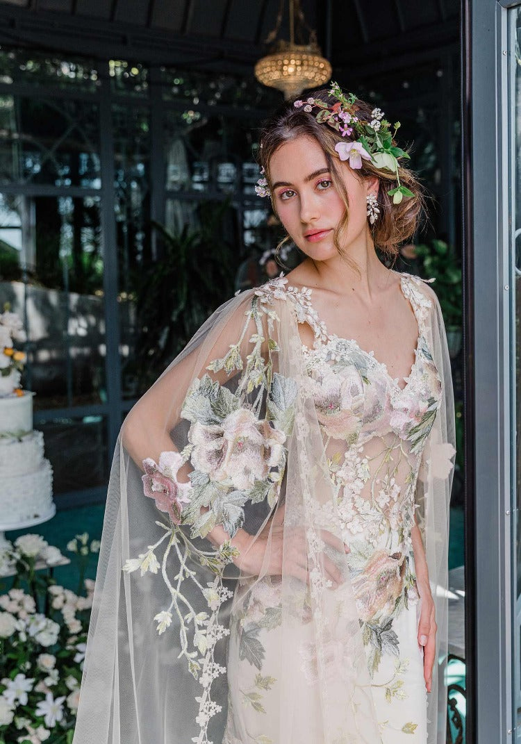 Embroidery Detail on Cape Sleeves Designed by Claire Pettibone