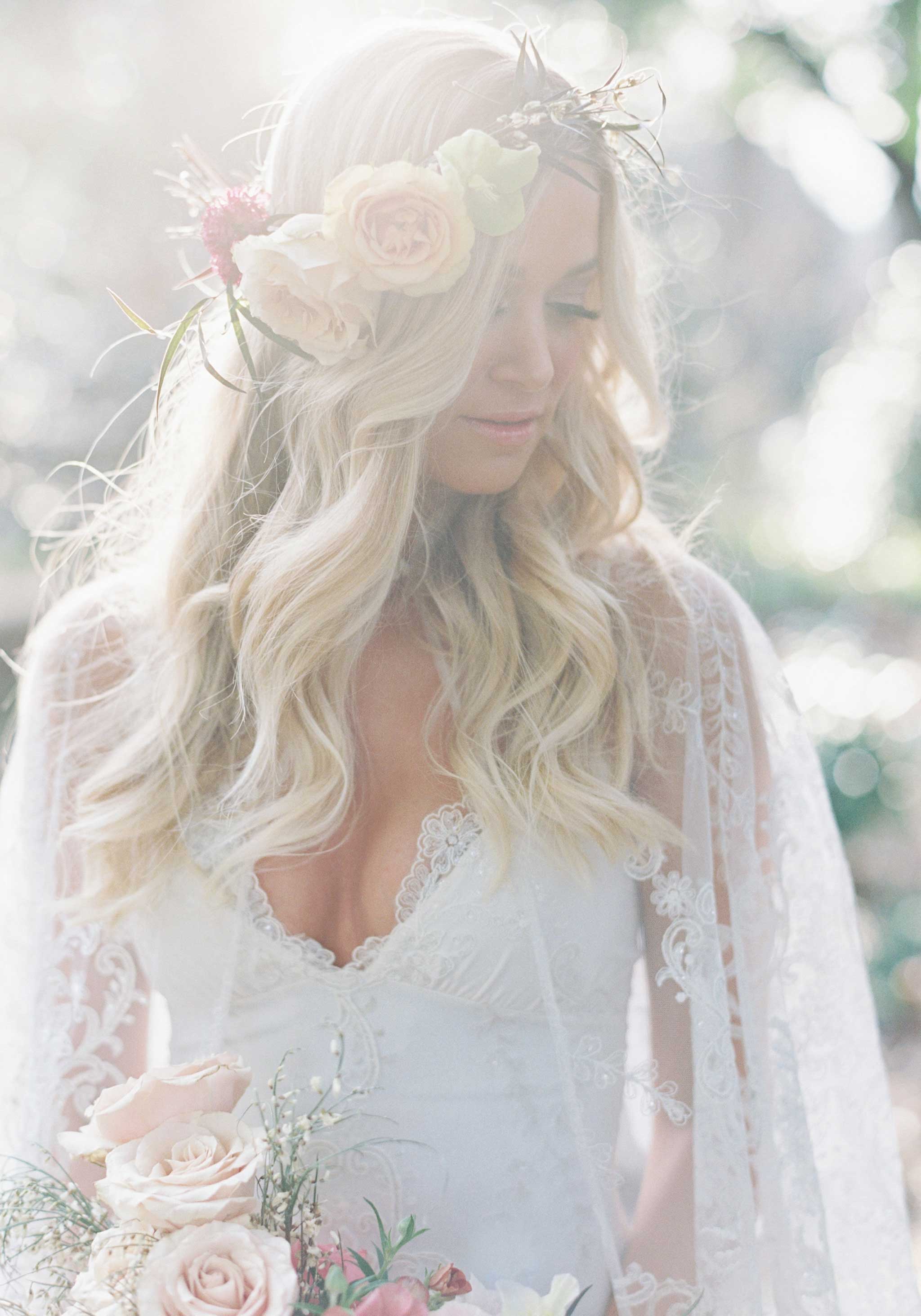 Romantic hair of bride in Santa Monica Wedding Dress