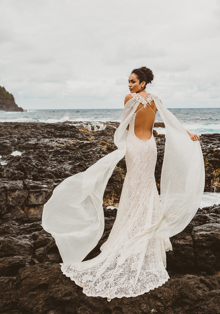 Saratoga wedding dress with flowing chiffon capes