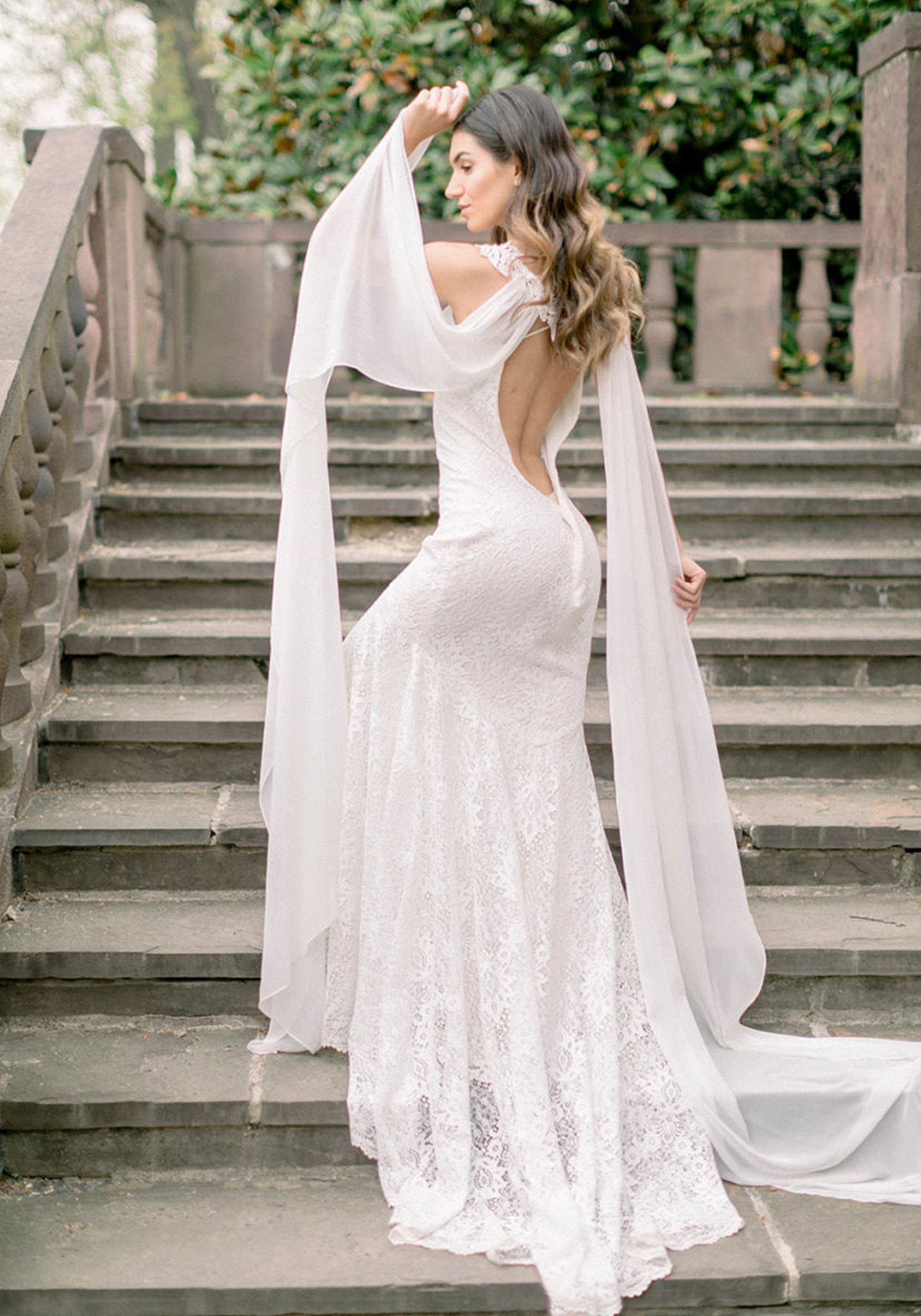 Saratoga wedding dress draped cape sleeves