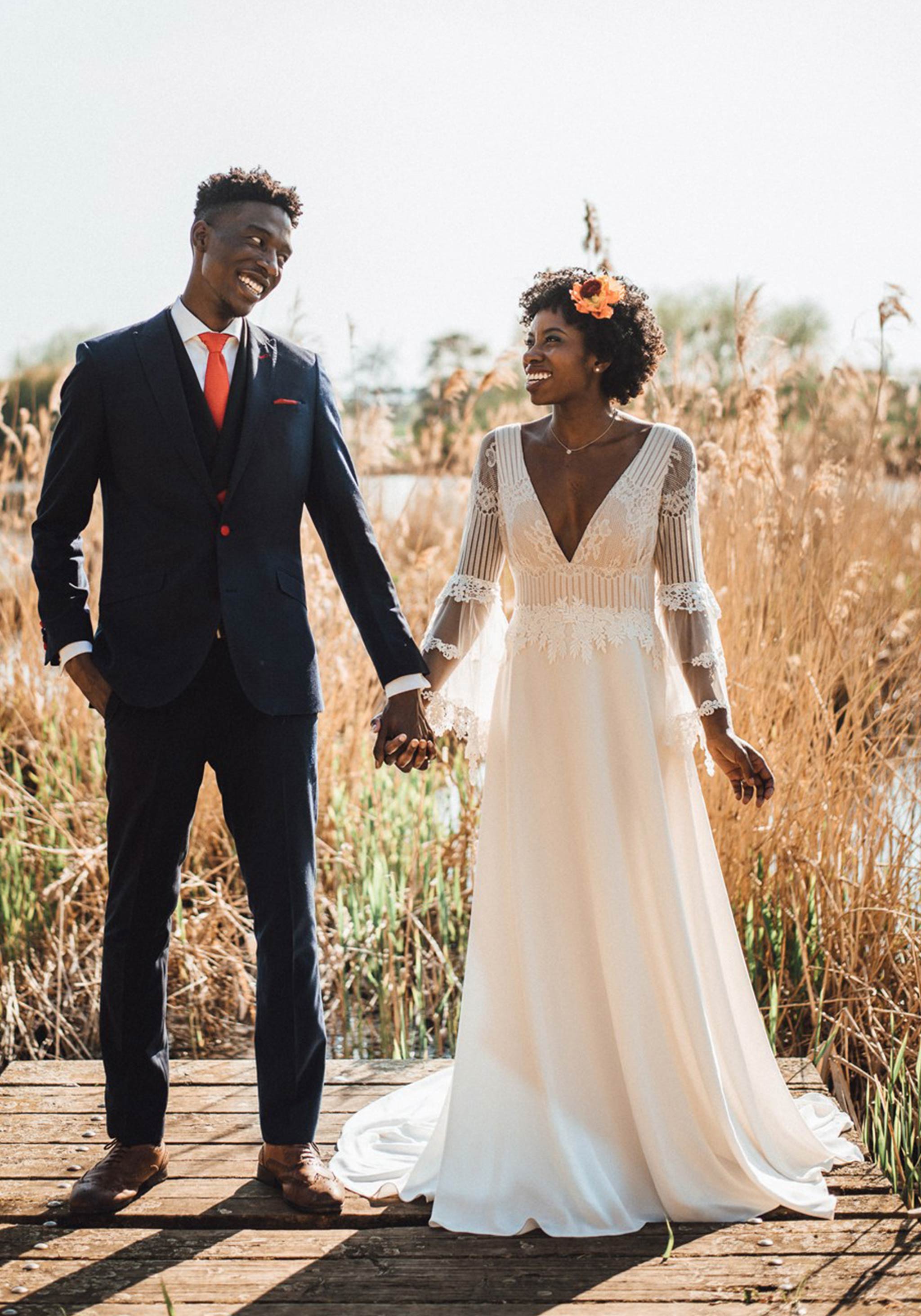 Bride and Groom in Sauvignon wedding dress