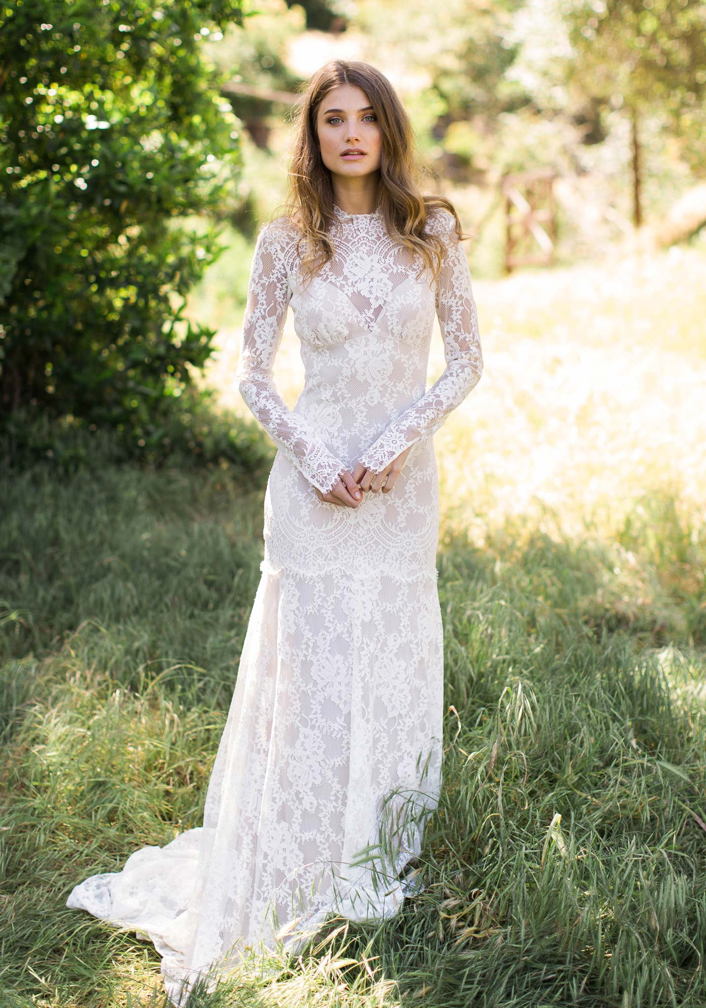 vintage long sleeve lace wedding dress Country Boho Sleeves Summer Destination Flowy A-line V-Neck Chiffon Bridal Gown with Sweep Train Elopement biceps(arm hole) Vintage Lace Long Sleeve Fit-and-Flare