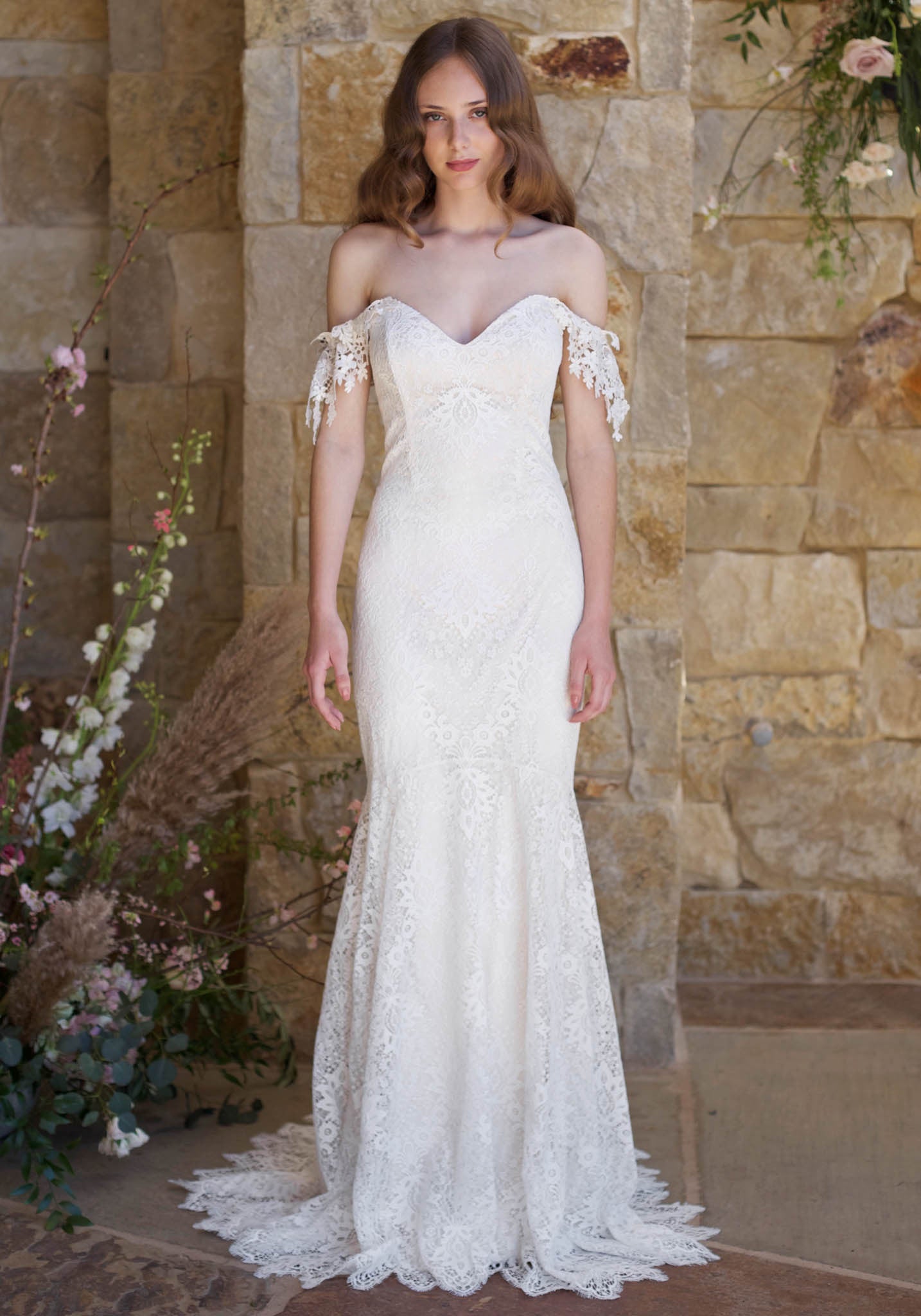 Off the Shoulder Mermaid Bridal Gown with Scalloped Lace Train