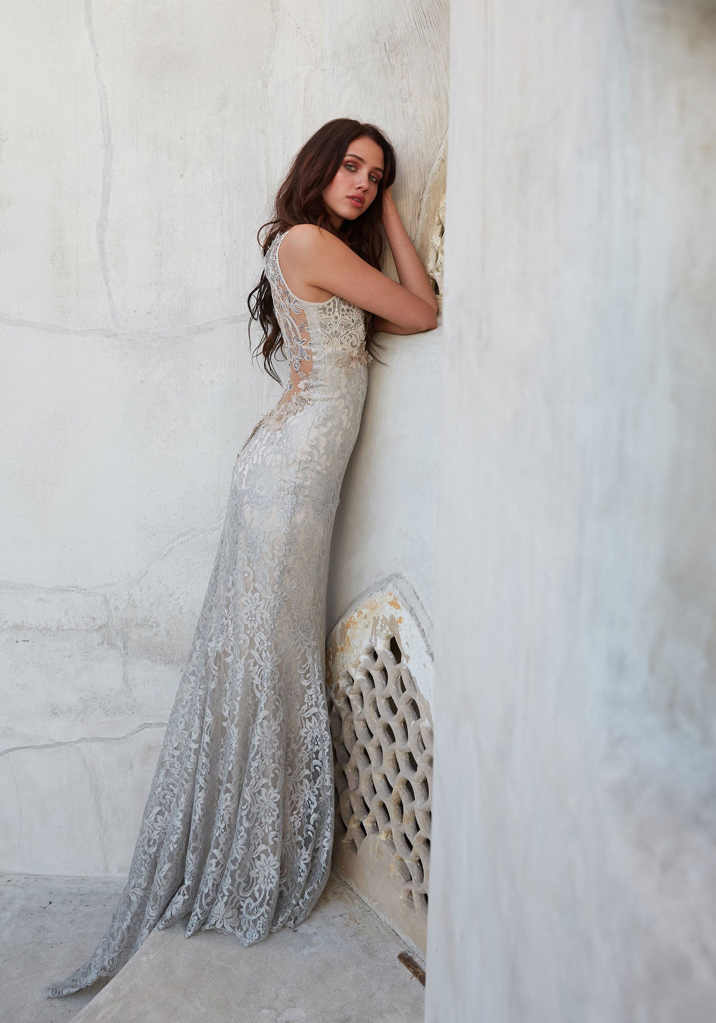 Silver metallic lace wedding dress Caravan