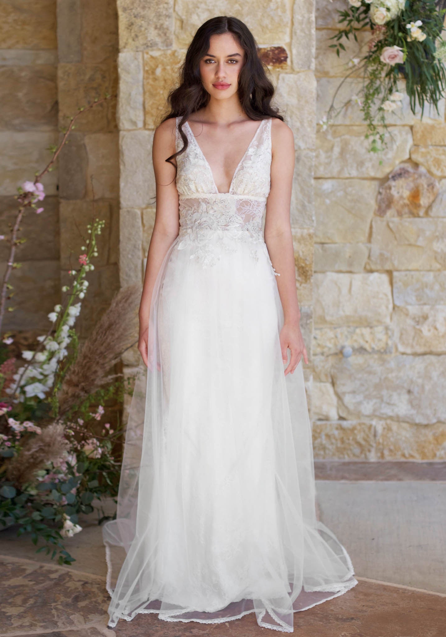 Champagne A-Line Wedding Gown w/ Lace Bodice & Plunging Neckline Champagne A-Line Wedding Gown w/ Lace Bodice & Plunging Neckline