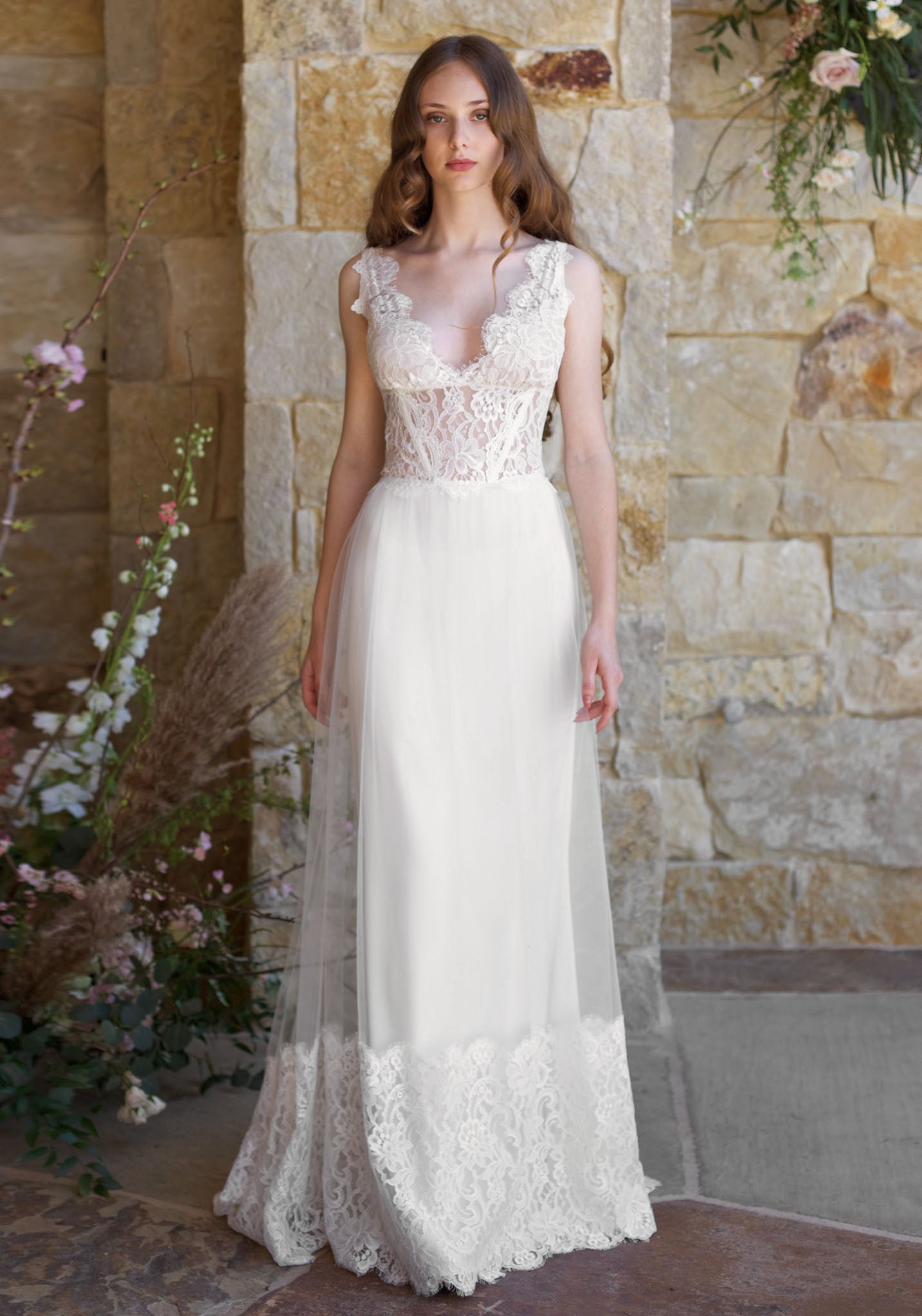 Claire Pettibone Romantique Chardonnay Lace Gown