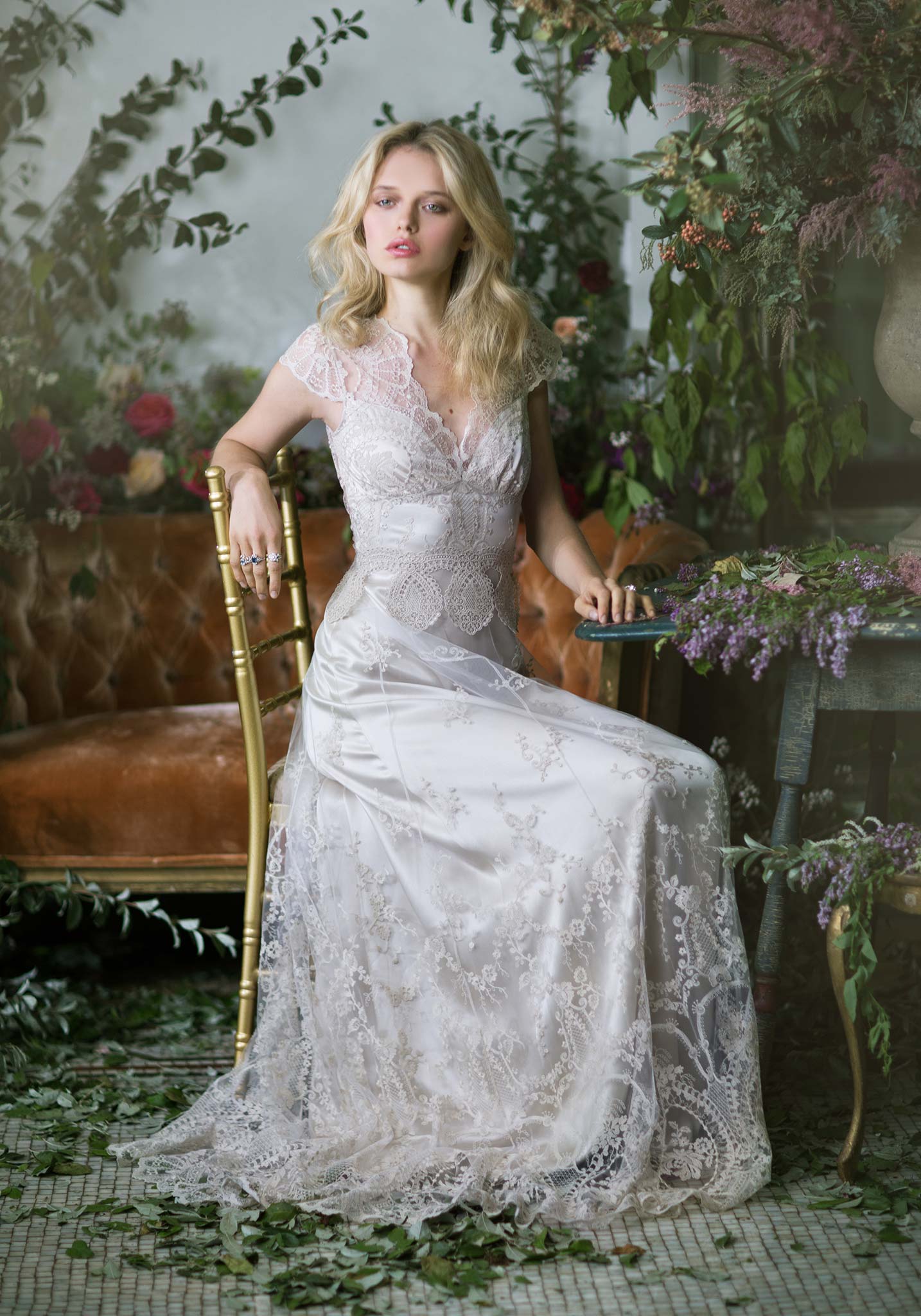 Cora Platinum Vintage Style A-Line Wedding Dress by Claire Pettibone