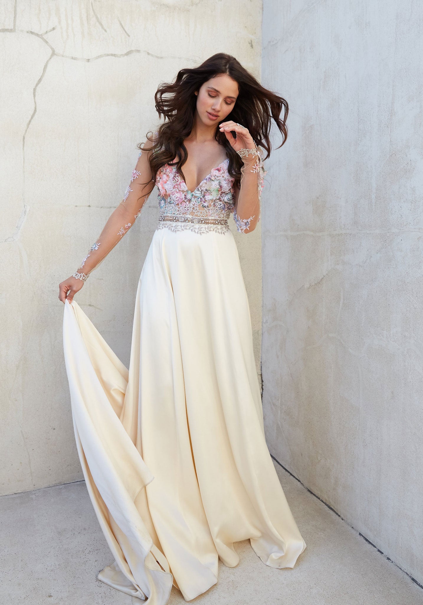Santorini Colorful A-line Wedding Dress with Long Sleeves & Silk Skirt Santorini Colorful A-line Wedding Dress with Long Sleeves & Silk Skirt