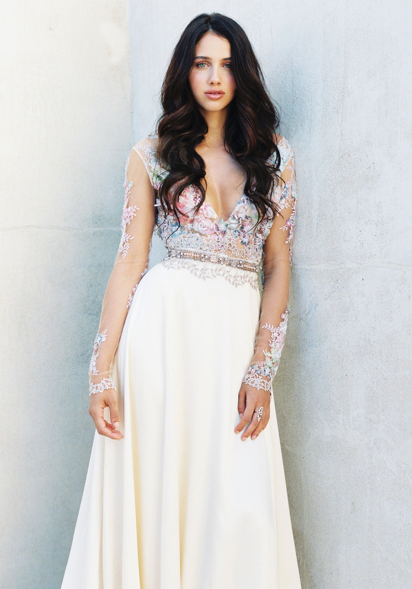A-line silk skirt on the Santorini wedding dress