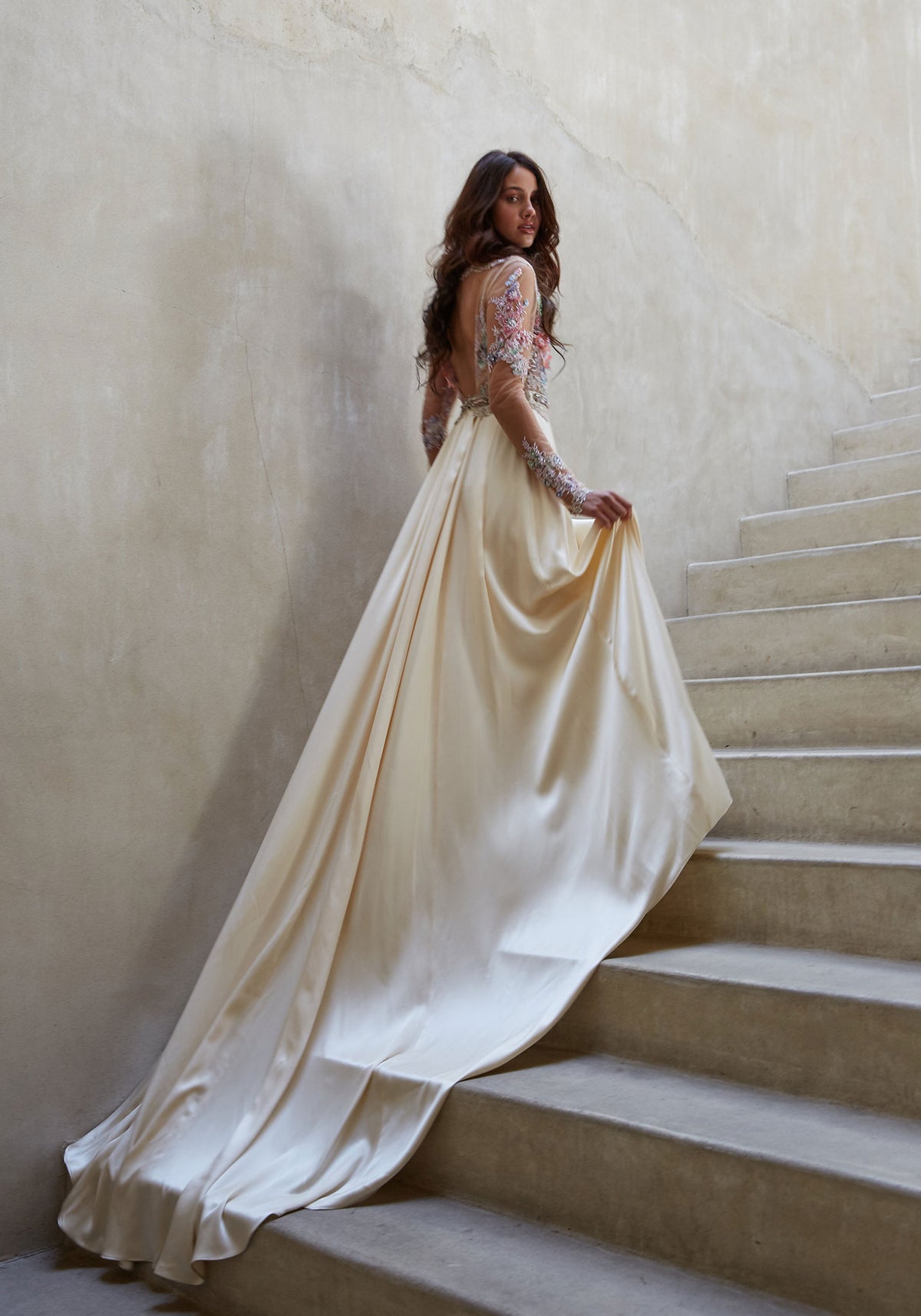 Flowing sumptuous silk skirt on Santorini wedding dress