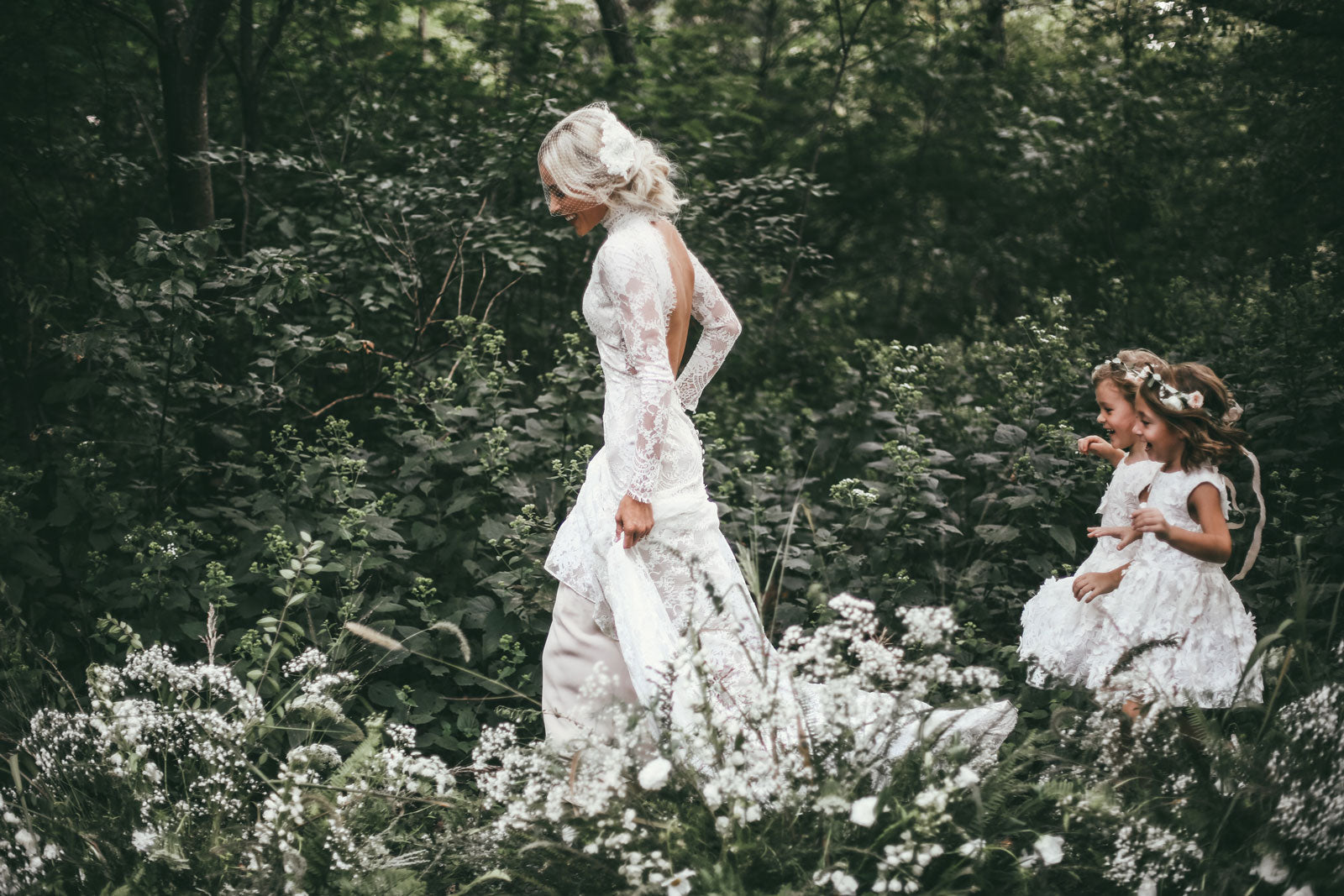 Mary Lawless Lee in custom Beverly lace wedding dress by Claire Pettibone.