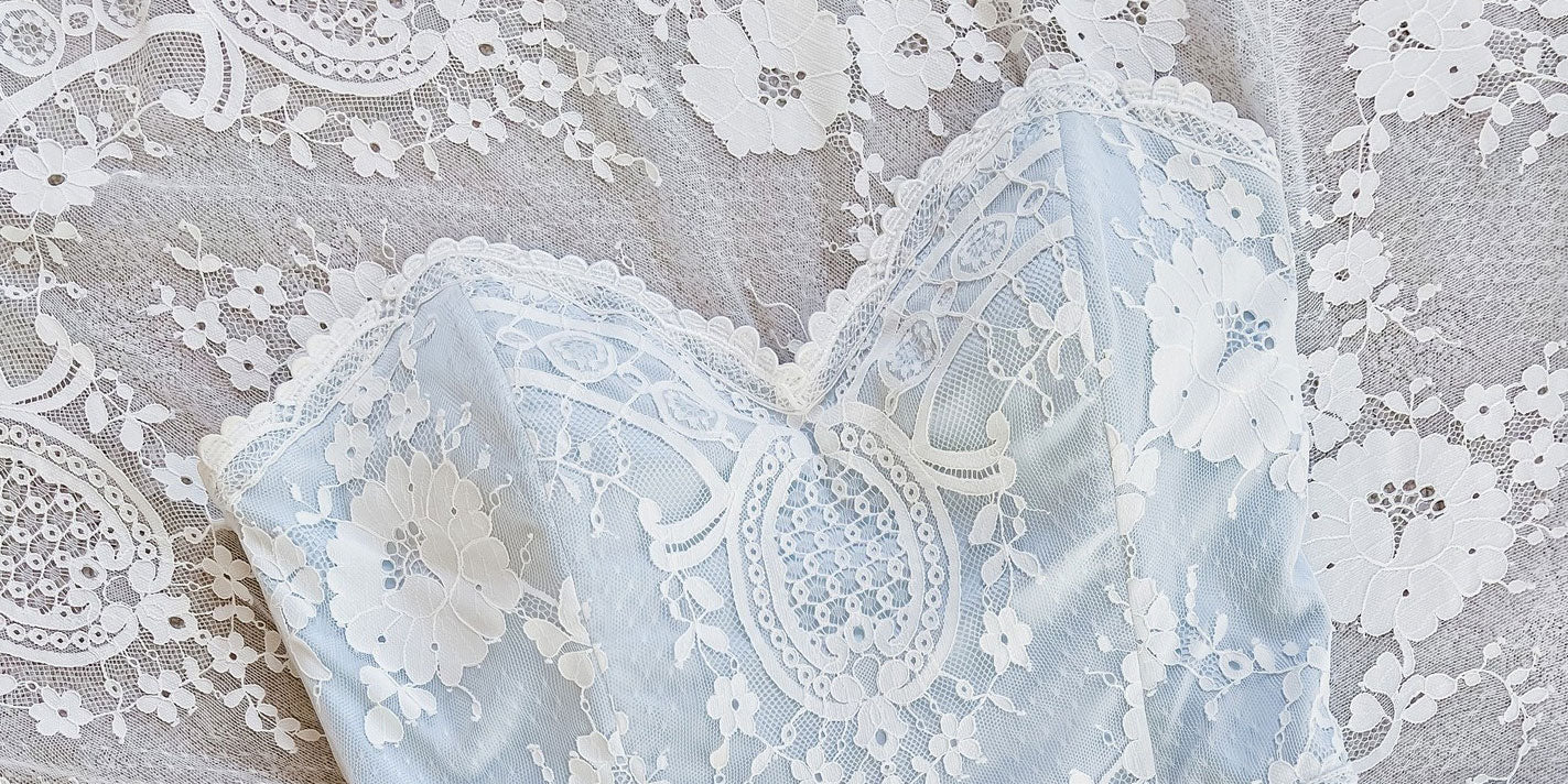 Detail of Eloise Lace Wedding Dress with Blue Silk 