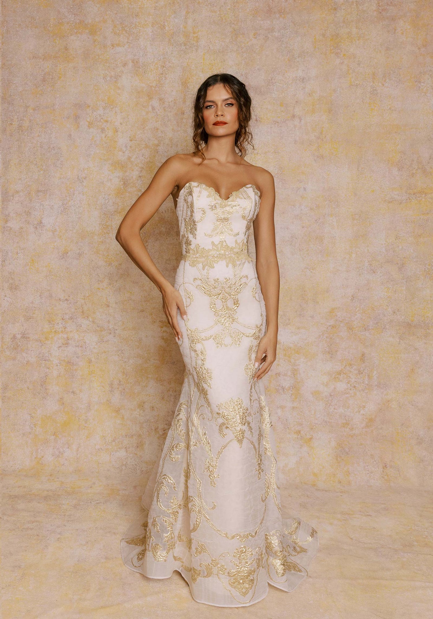 Model Aurelie Gold color Wedding Dess look book