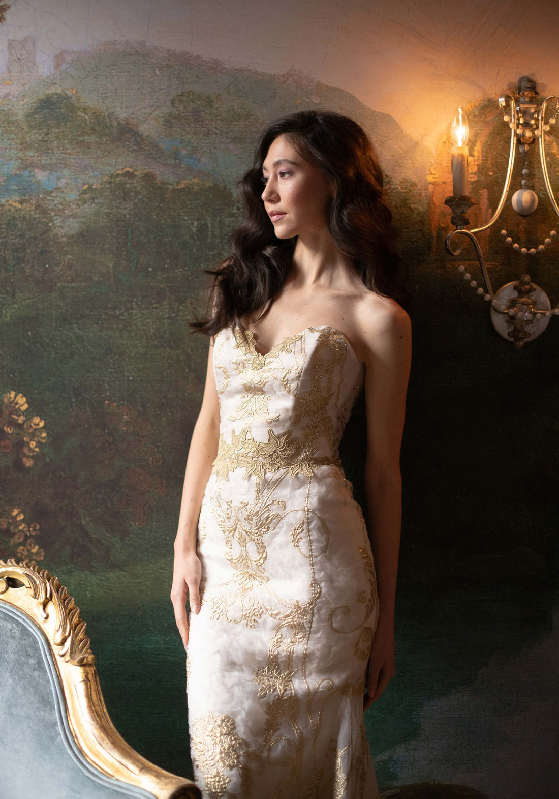 Model in Aurelie Wedding Dress by Designer Claire Pettibone