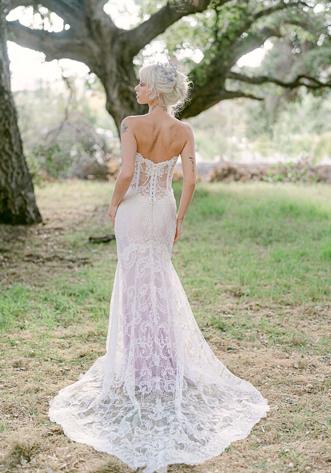 Quill Floral Lace Wedding Gown with Colorful Ombre Silk