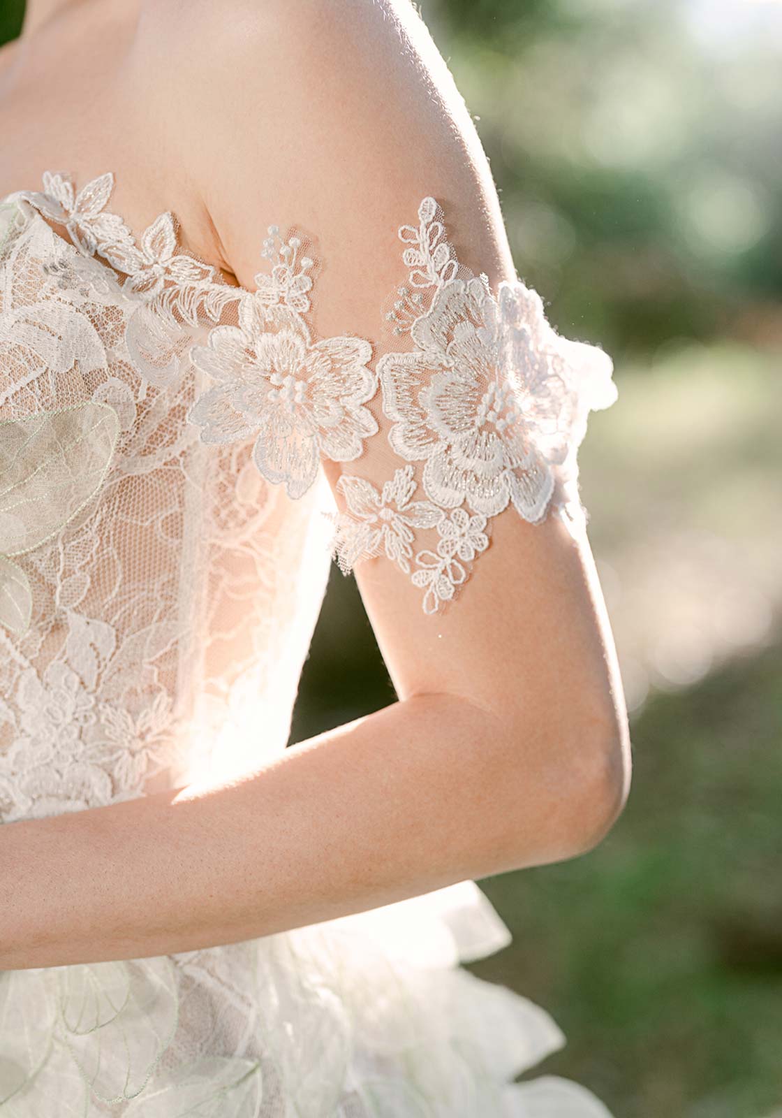 Cap sleeve detail on the Everglade Mini Wedding Dress
