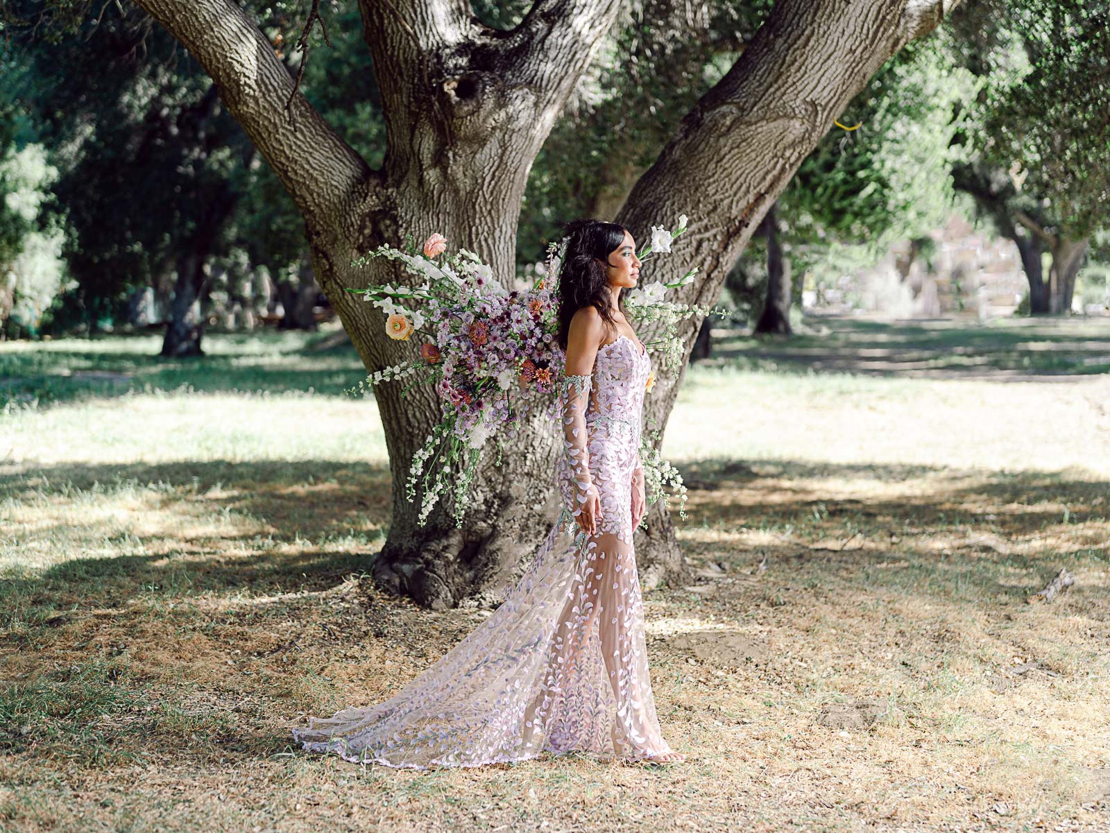 Floral Lace Applique Blush Tulle Designer Prom Gown - Promfy