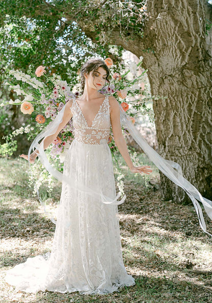 Thistledown Wedding Dress with detachable ribbon streamers