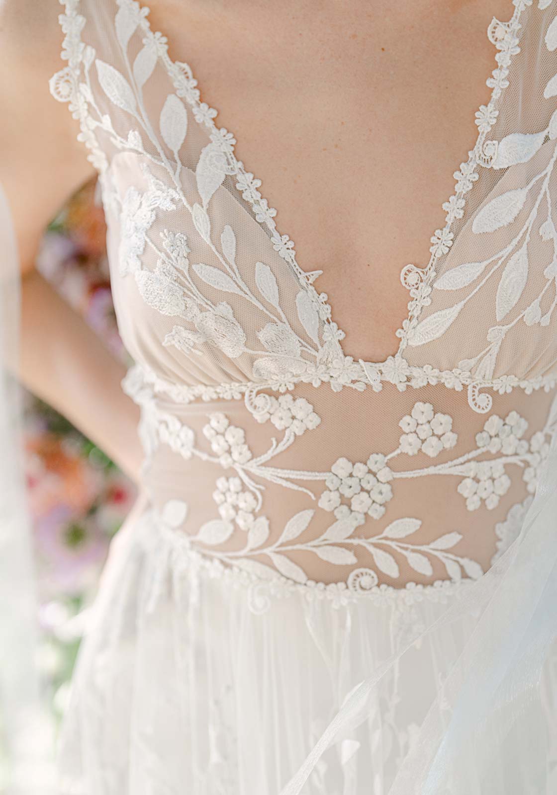 Sheer lace inset on the Thistledown Wedding Dress